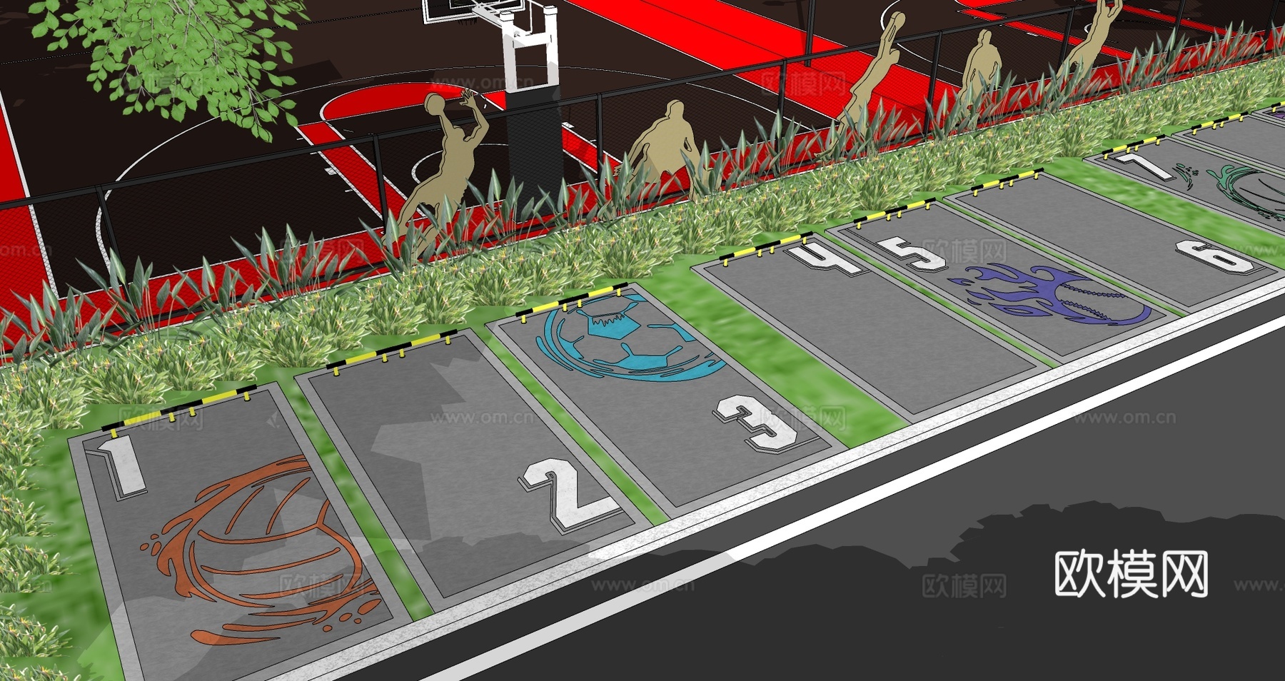 现代户外生态停车场运动涂鸦地面画线铺地体育公园停车场运动创意su模型