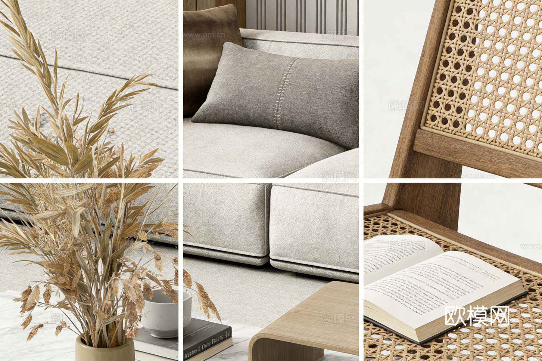 现代简约浅灰色棉麻L型转角沙发 L型沙发 藤编椅 大理石茶几su模型su模型