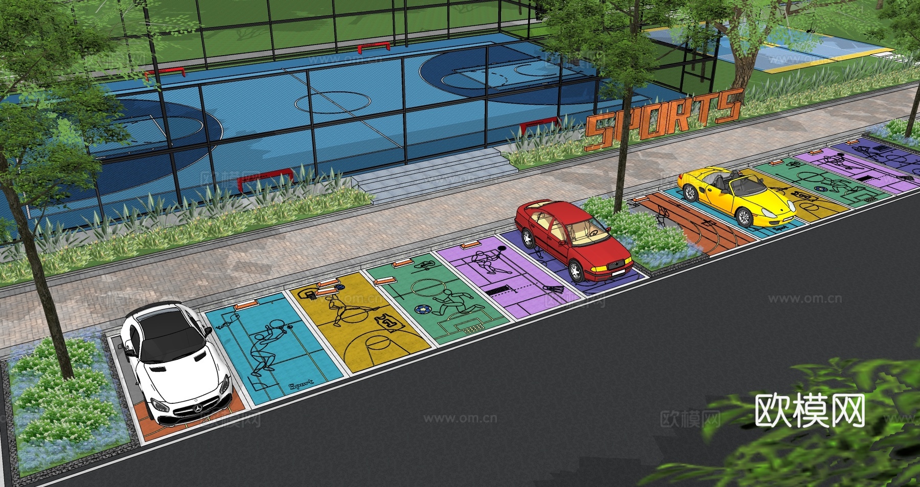 现代户外生态停车场运动涂鸦地面画线铺地体育公园停车场运动创意su模型