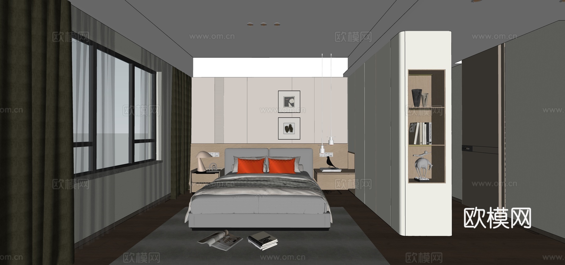 现代卧室 背景墙su模型