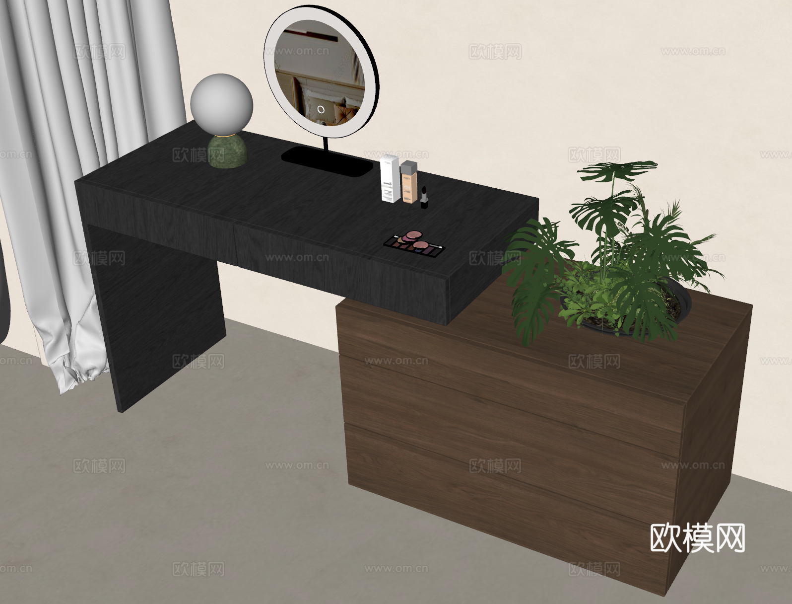 现代中古梳妆台 中古梳妆椅 化妆镜 化妆品摆件 奶油中古风梳su模型