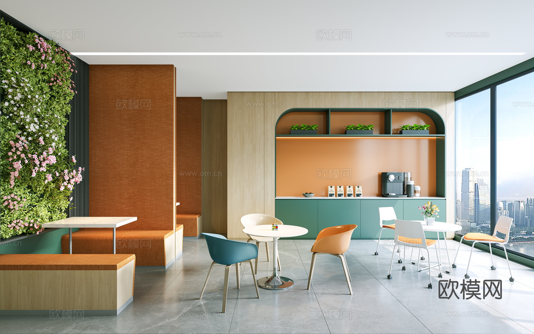 现代办公茶水间 卡座沙发 饮水机 洽谈桌椅组合 杯子 吧台su模型