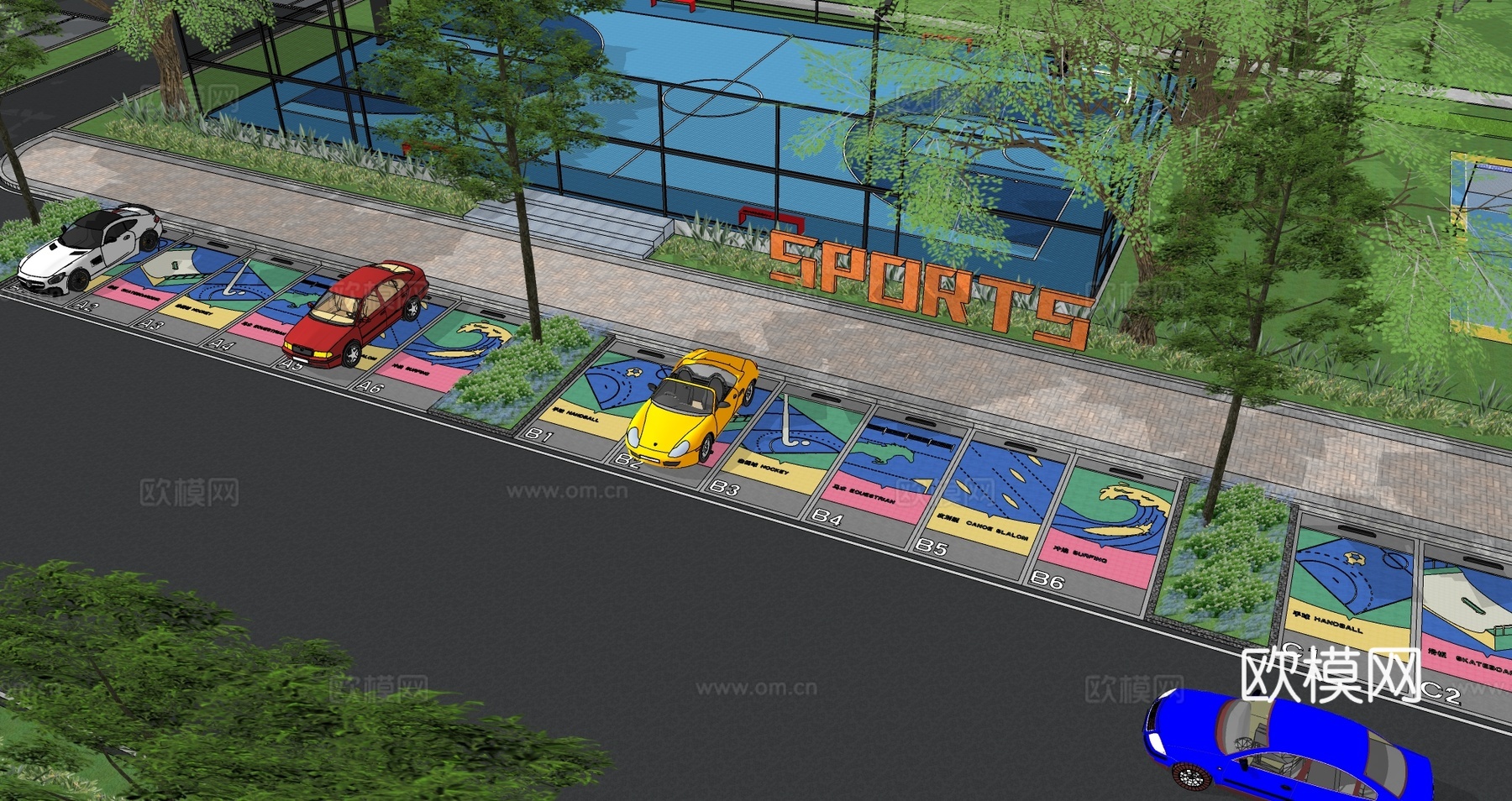 现代户外生态停车场运动涂鸦地面画线铺地体育公园停车场运动创意su模型