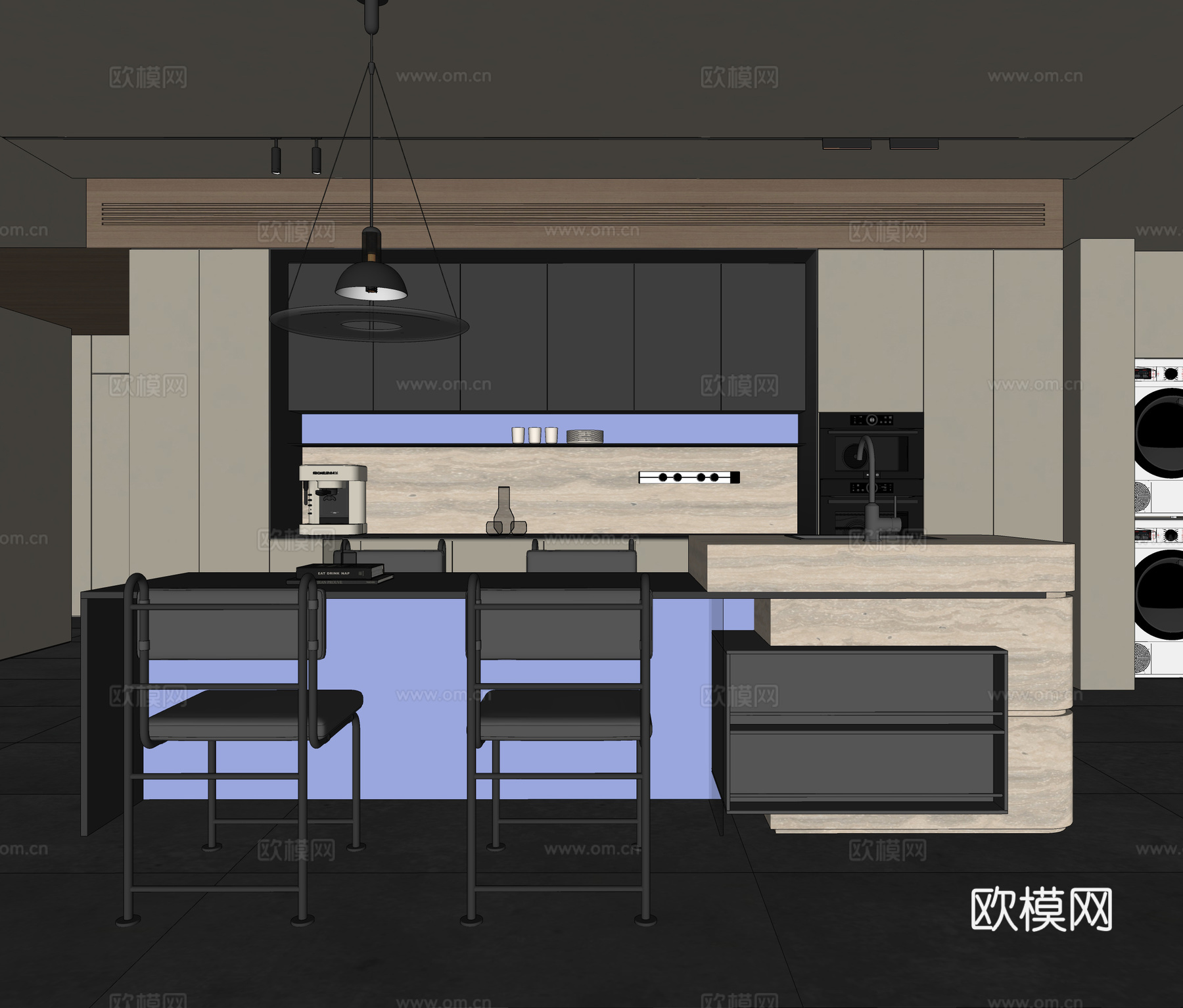 餐厅 吧台 餐桌 厨柜su模型
