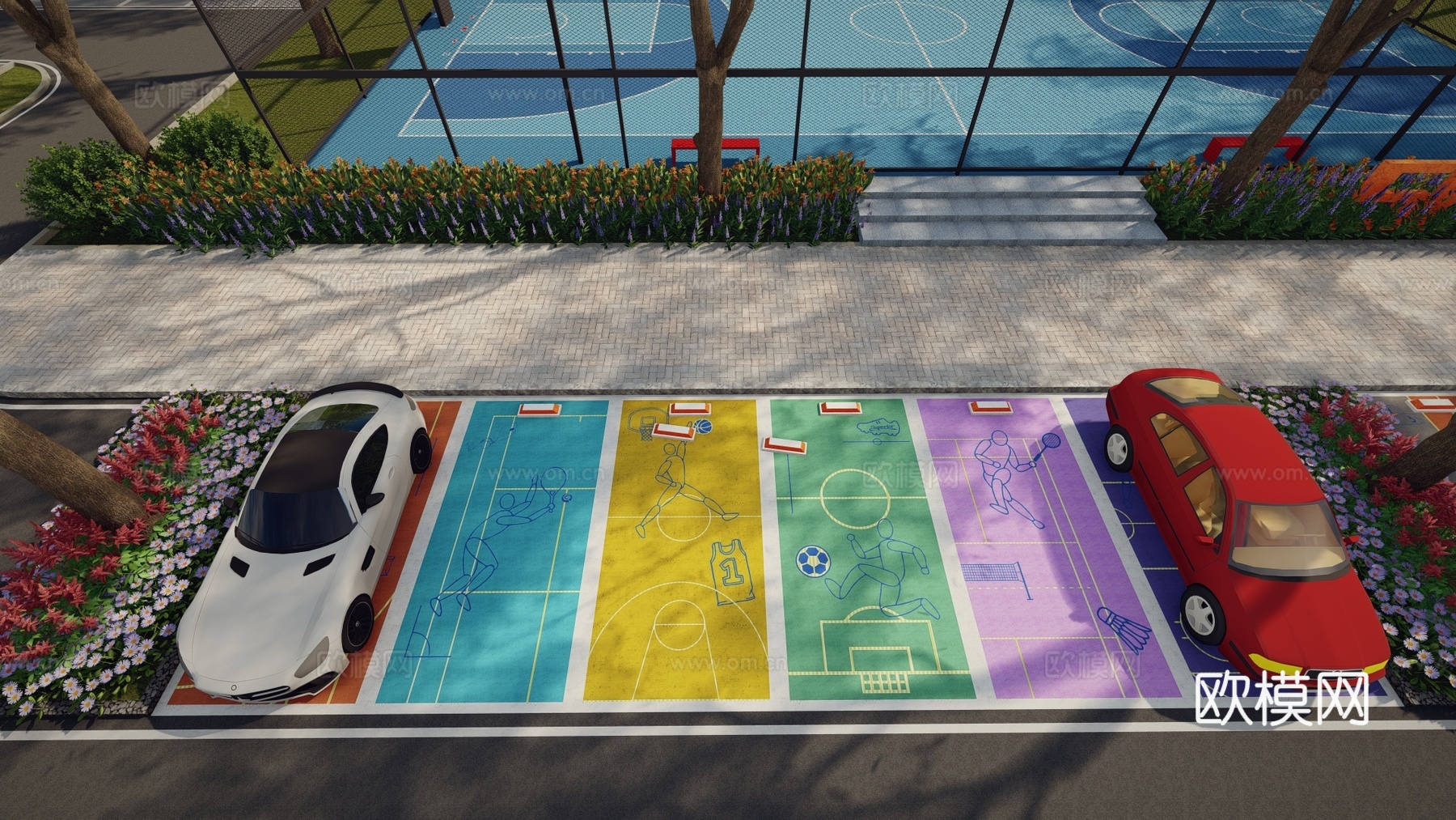 现代户外生态停车场运动涂鸦地面画线铺地体育公园停车场运动创意su模型
