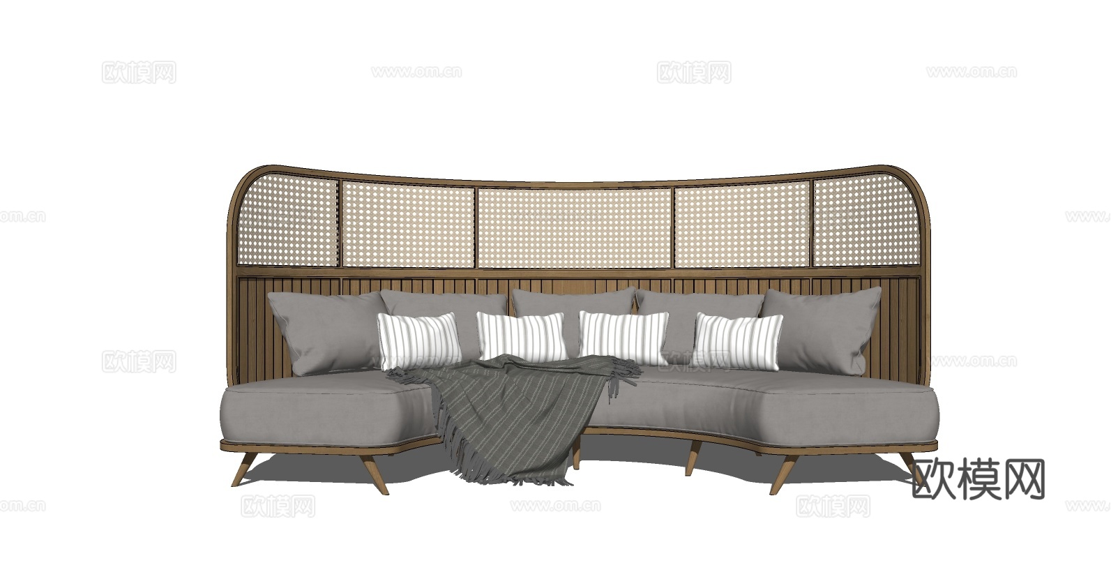 北欧风原木风 弧形编织沙发组合  条纹抱枕 流苏毯 慵懒风su模型