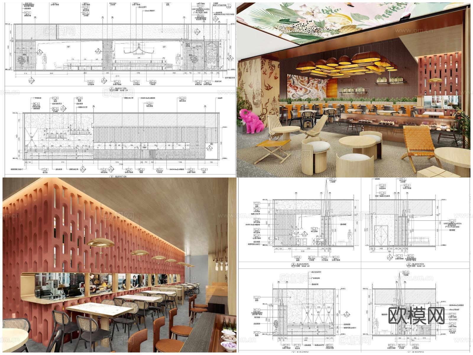 10套特色快餐厅 面馆 寿司店 最新全套 效果图 施工图设计cad施工图