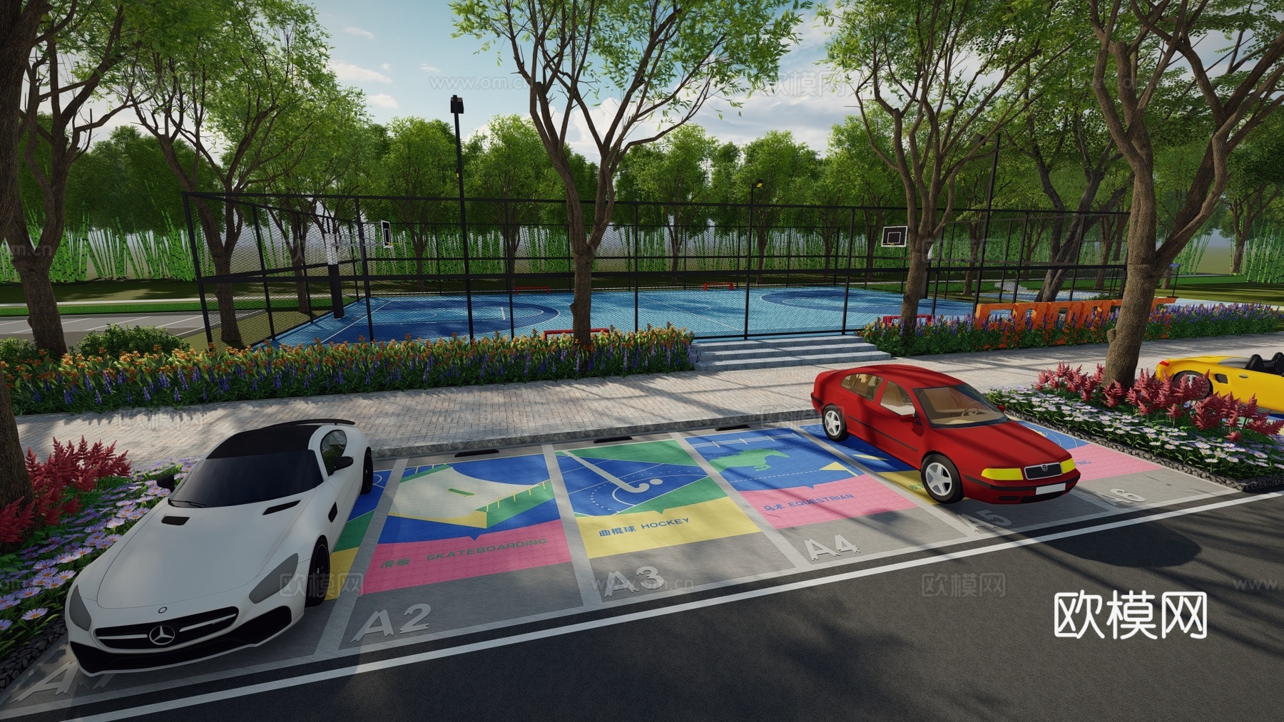 现代户外生态停车场运动涂鸦地面画线铺地体育公园停车场运动创意su模型