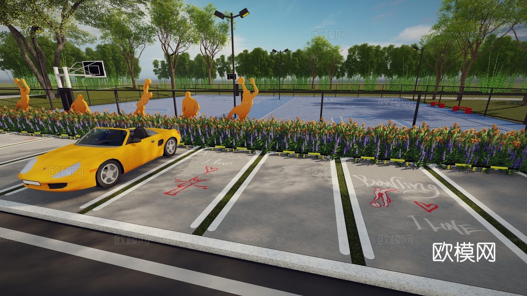 现代户外生态停车场运动涂鸦地面画线铺地体育公园停车场运动创意su模型
