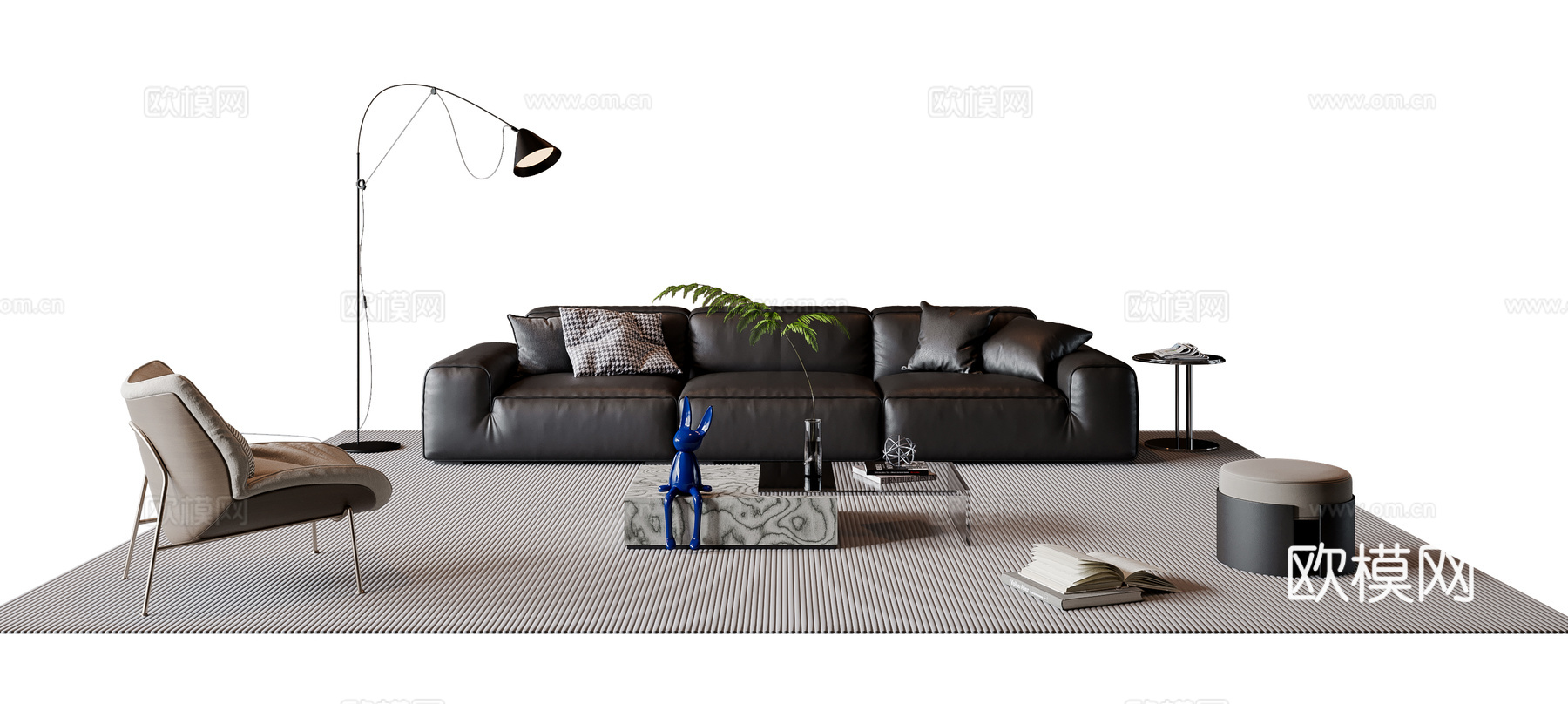 现代意式沙发茶几组合 三人沙发 休闲沙发 落地灯 地毯su模型