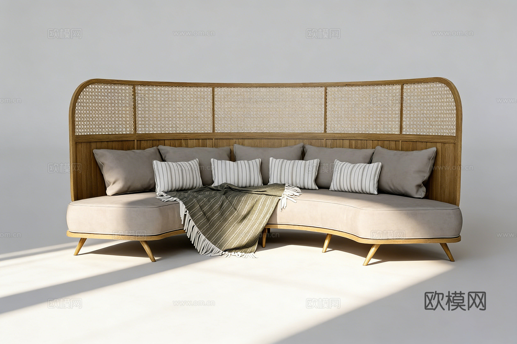 北欧风原木风 弧形编织沙发组合  条纹抱枕 流苏毯 慵懒风su模型