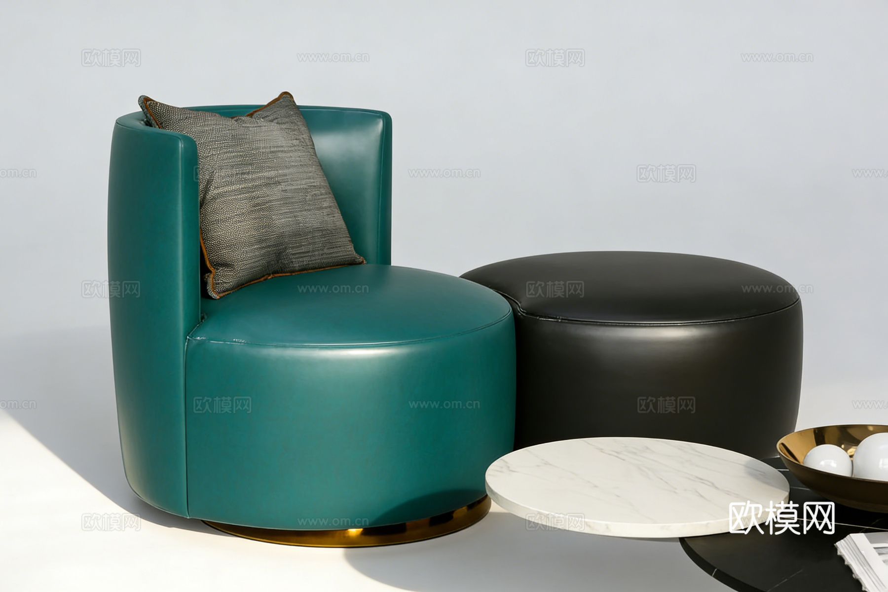 现代轻奢弧形单人沙发 蓝绿色皮质 休闲椅 墨绿色 金色底座su模型