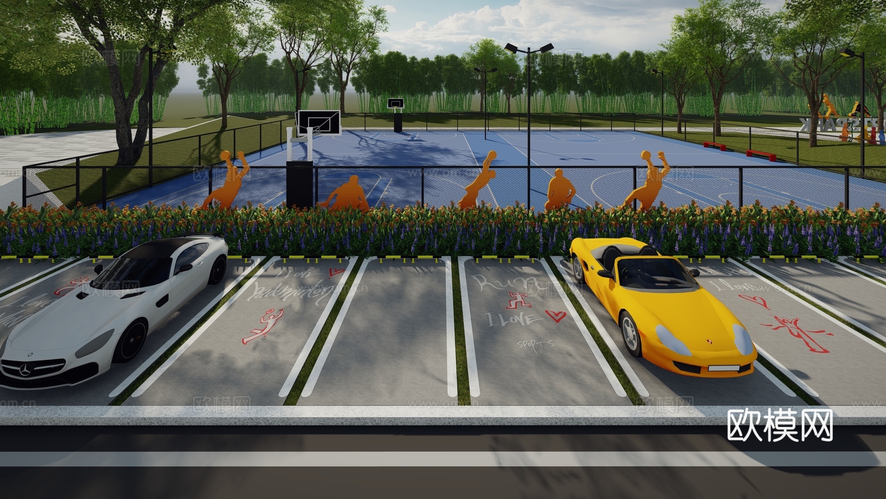 现代户外生态停车场运动涂鸦地面画线铺地体育公园停车场运动创意su模型