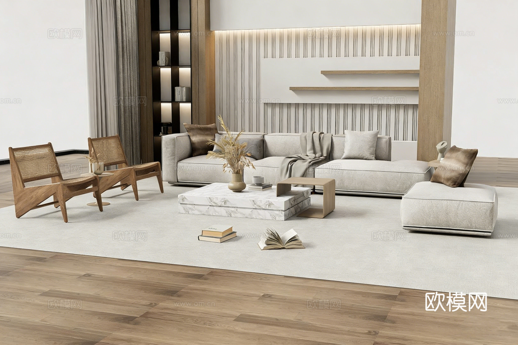 现代简约浅灰色棉麻L型转角沙发 L型沙发 藤编椅 大理石茶几su模型su模型