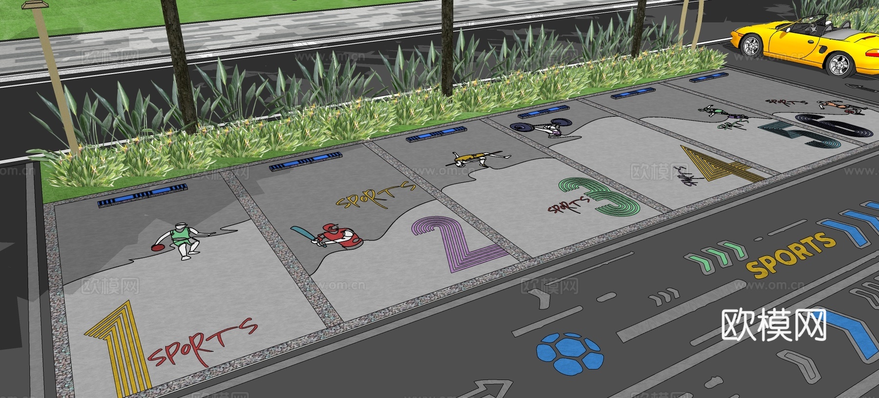 现代户外生态停车场运动涂鸦地面画线铺地体育公园停车场运动创意su模型