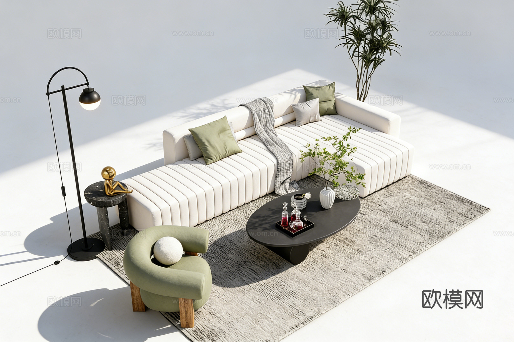 现代简约白色条纹布艺L型沙发 白色条纹沙发 绿色单椅 椭圆茶su模型