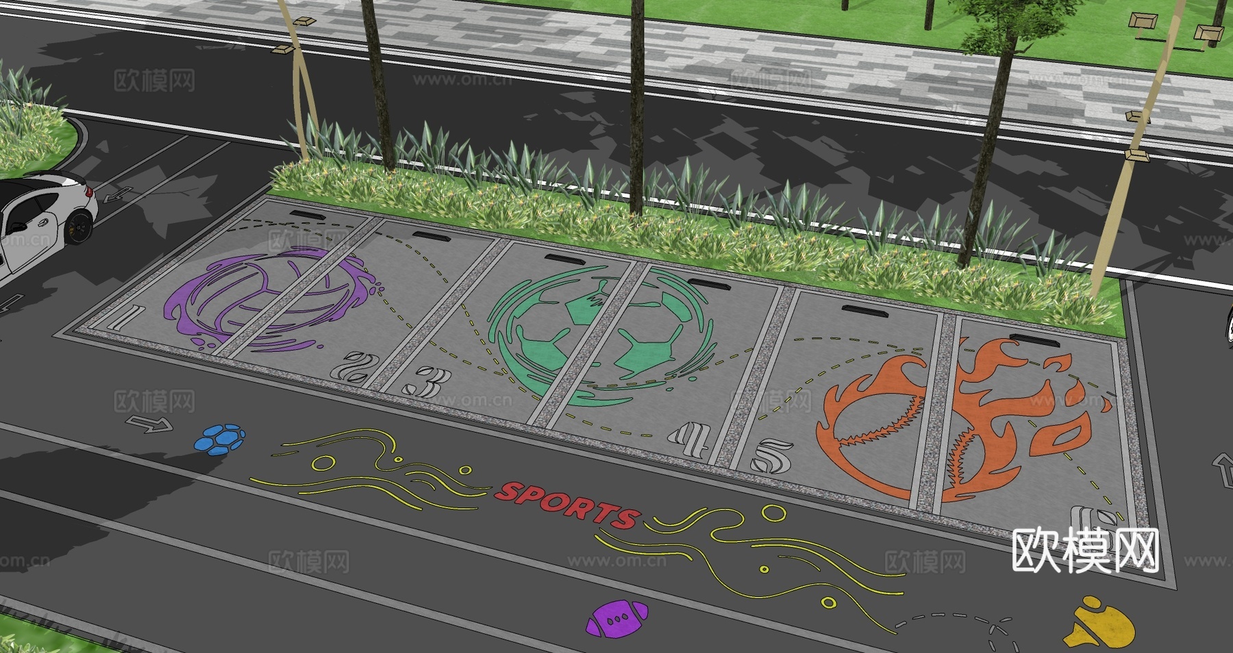 现代户外生态停车场运动涂鸦地面画线铺地体育公园停车场运动创意su模型