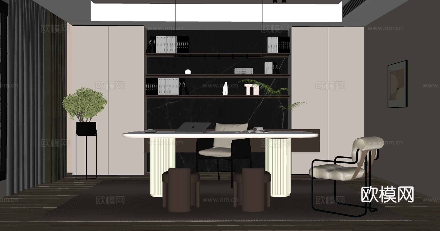现代简约书房  书柜 书桌椅 办公桌su模型