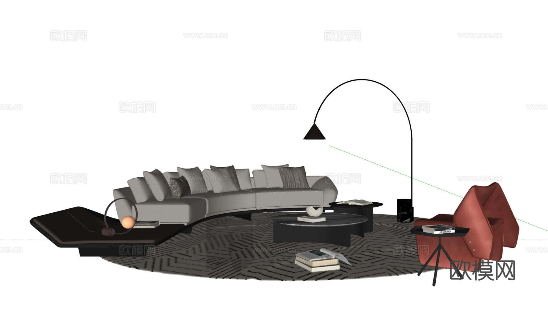现代意式沙发茶几组合 弧形沙发 皮质沙发 休闲椅 地毯su模型