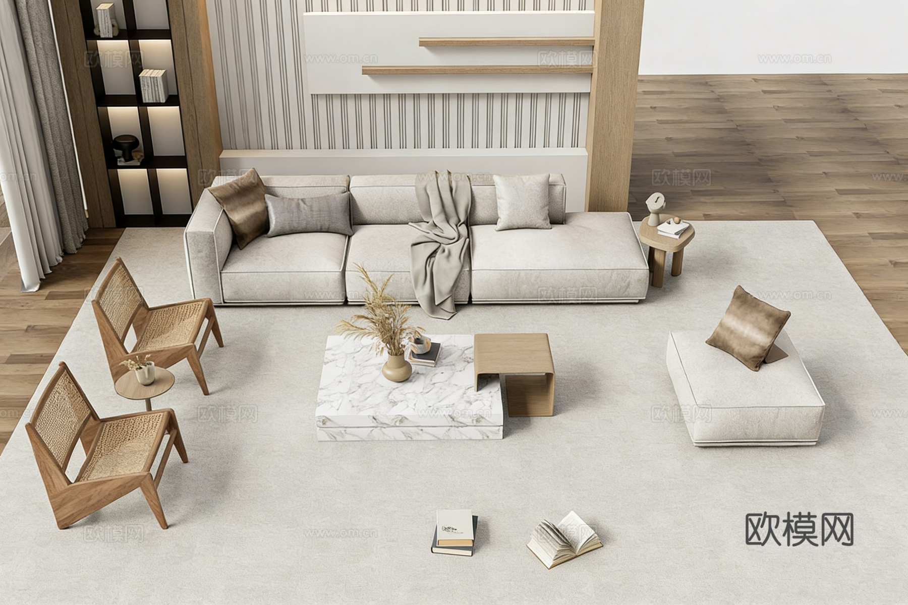 现代简约浅灰色棉麻L型转角沙发 L型沙发 藤编椅 大理石茶几su模型su模型