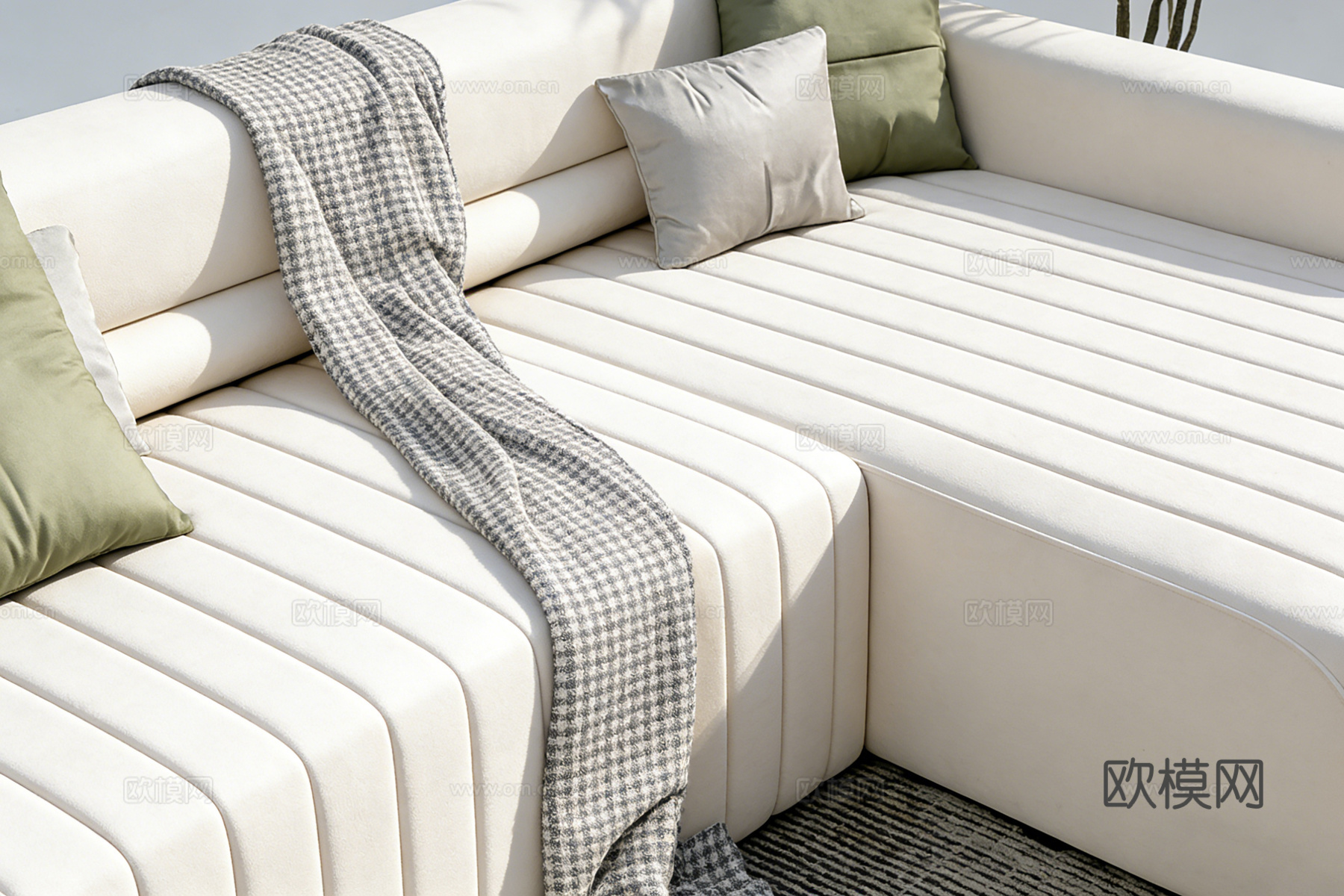现代简约白色条纹布艺L型沙发 白色条纹沙发 绿色单椅 椭圆茶su模型