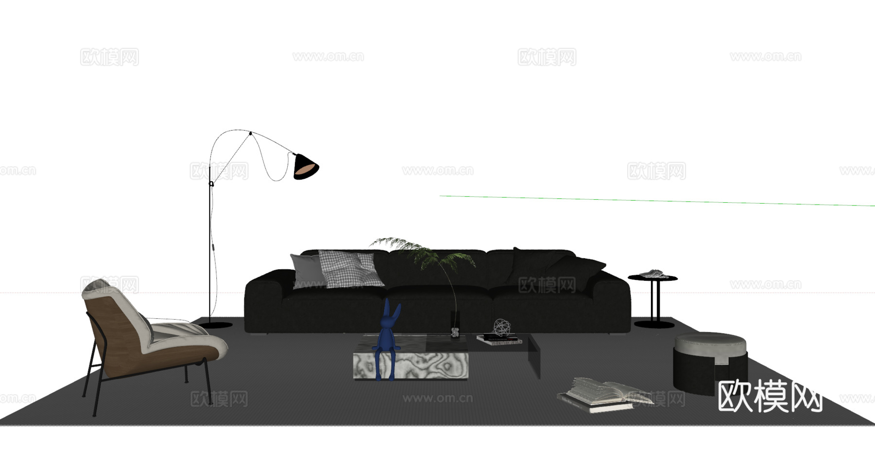 现代意式沙发茶几组合 三人沙发 休闲沙发 落地灯 地毯su模型