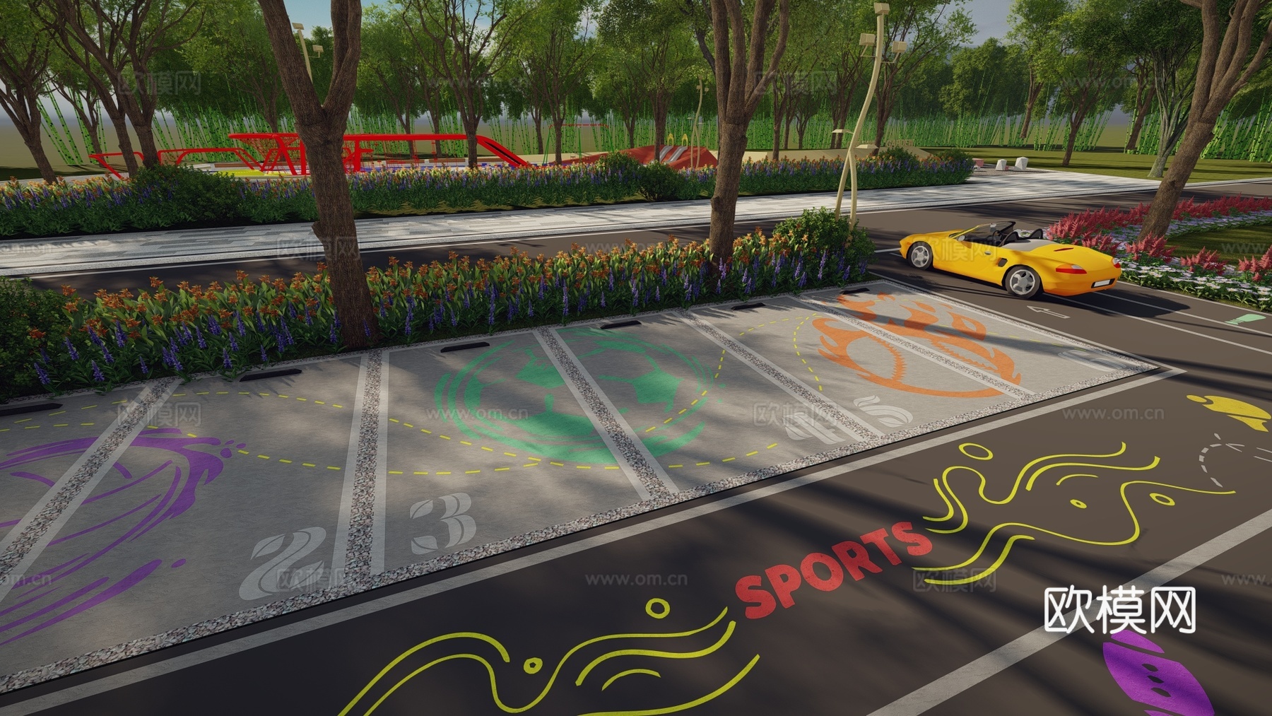现代户外生态停车场运动涂鸦地面画线铺地体育公园停车场运动创意su模型