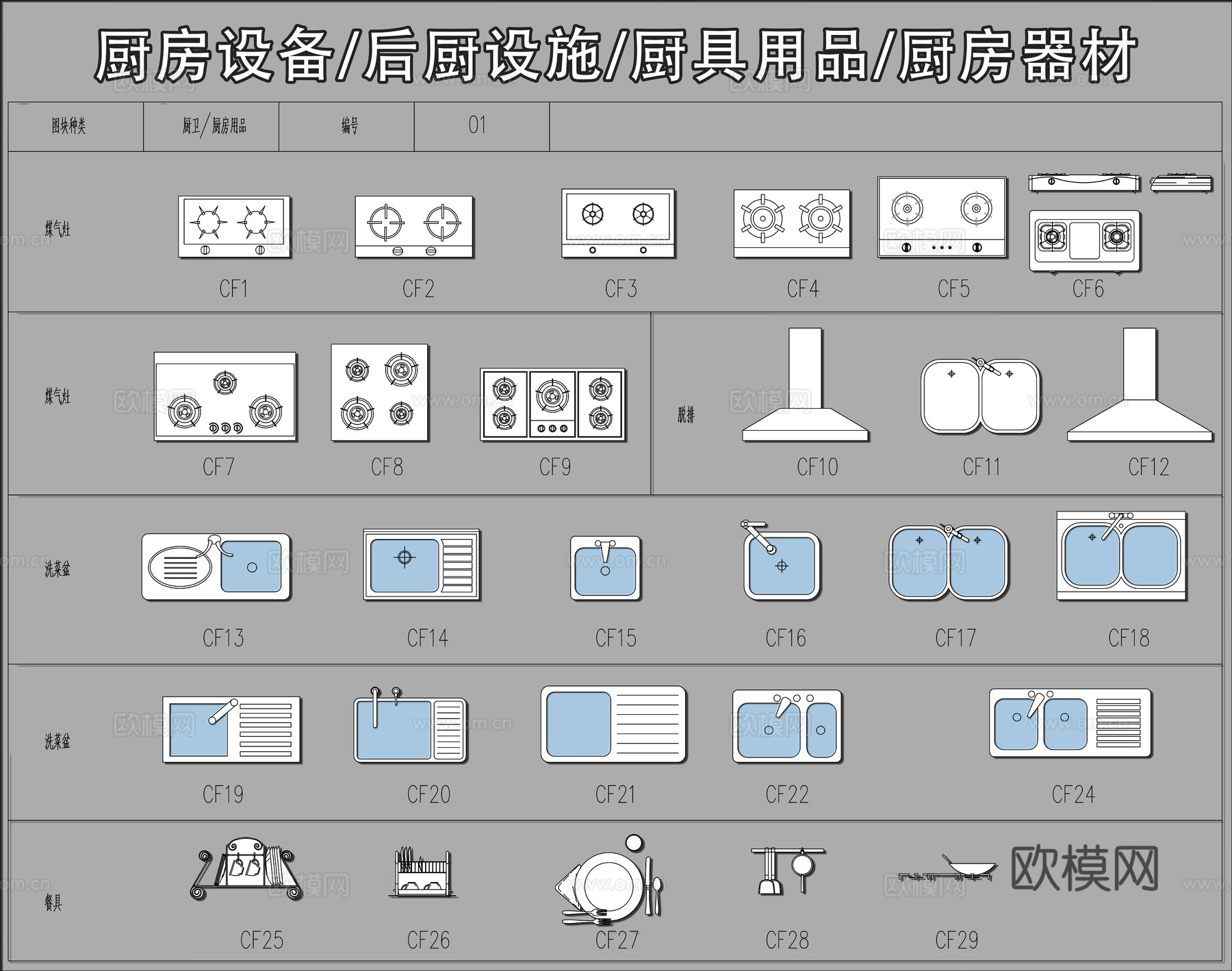 厨卫设施 煤气灶 洗菜盆 餐具 洗手盆cad施工图