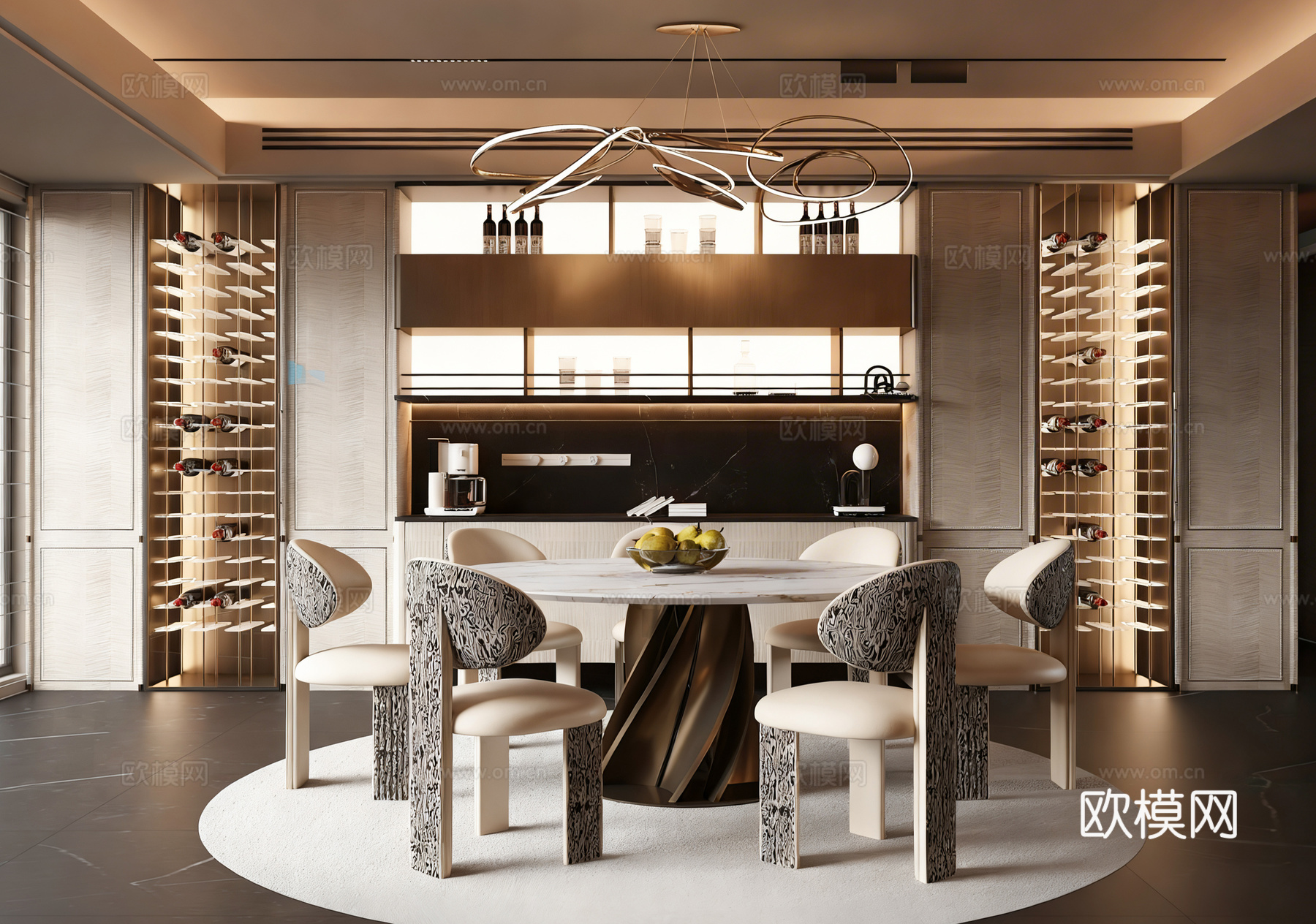 现代轻奢餐厅 平层餐厅 餐桌椅组合 吊灯 边柜3d模型下载