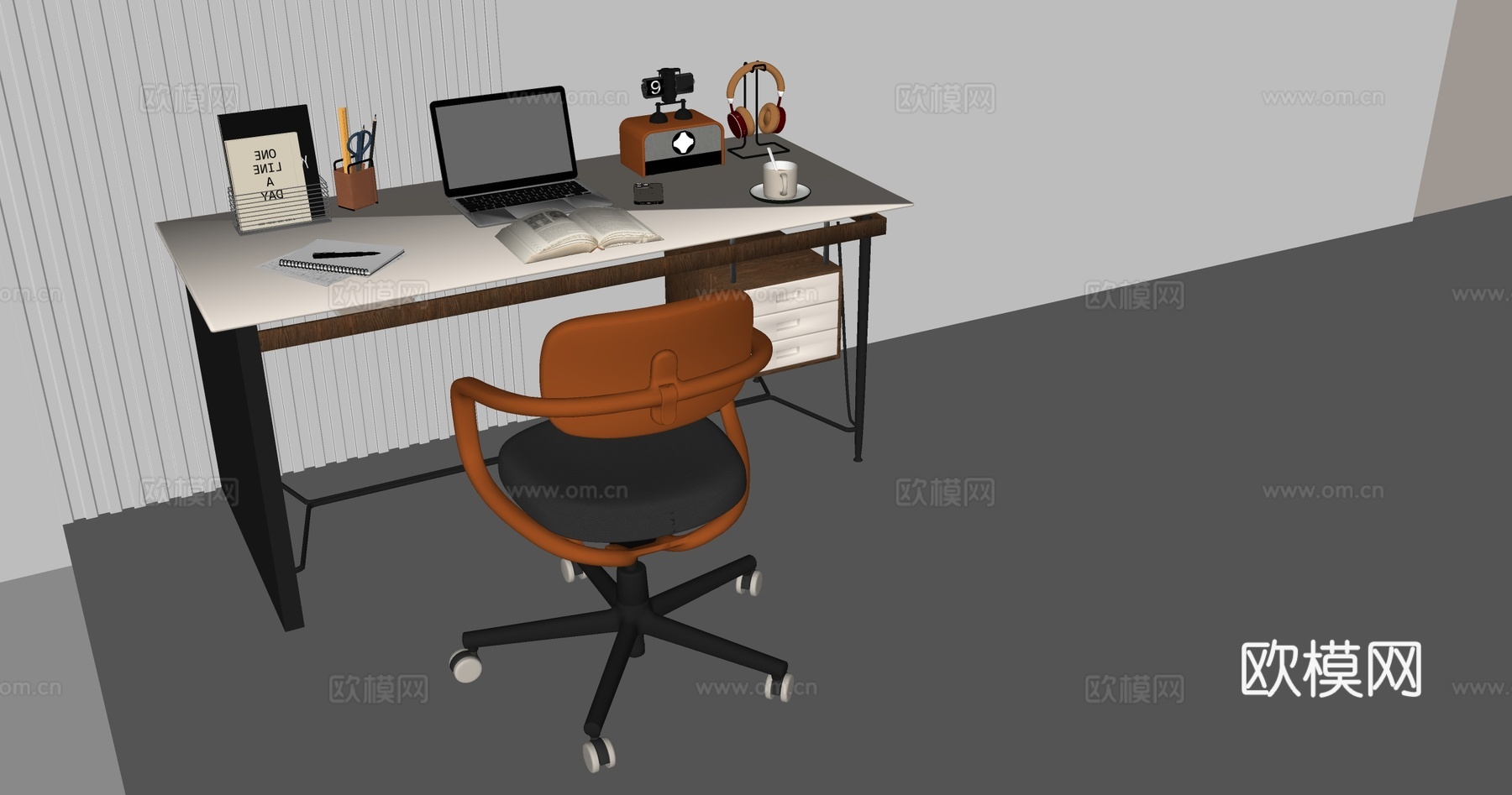 现代简约书桌椅 书桌  办公桌椅 摆件组合su模型