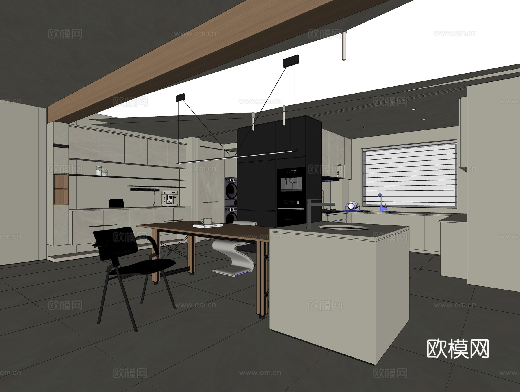 餐厅 吧台 餐桌 厨柜su模型