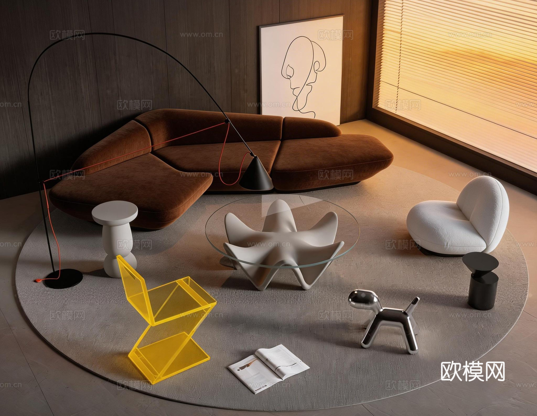 组合沙发 茶几 布艺沙发 亚克力椅su模型