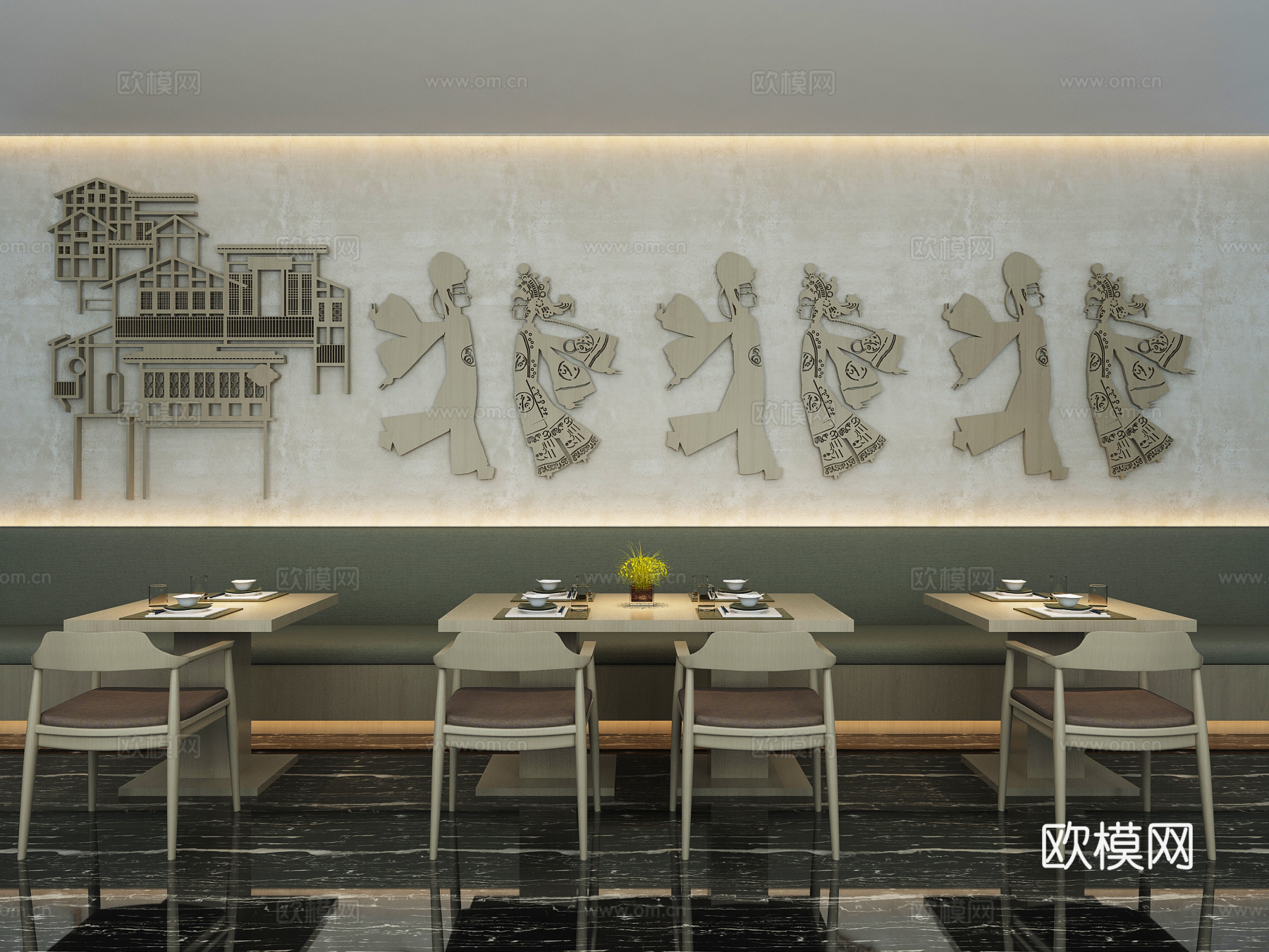 新中式卡座 卡台 皮影戏 长条沙发 背景墙 挂画 餐桌椅3d模型下载