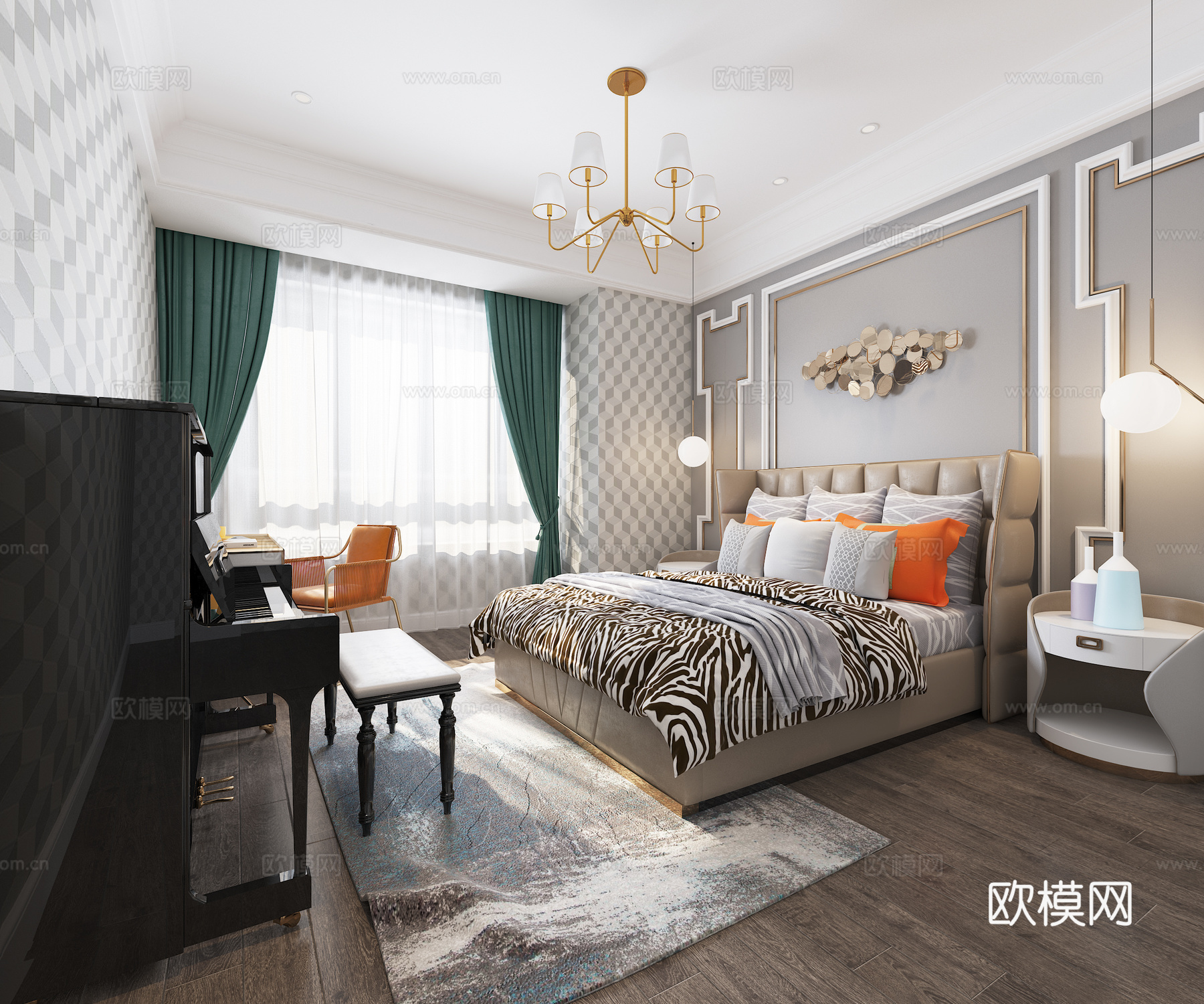 简欧子女房 金属吊灯 轻奢双人床 钢琴3d模型下载