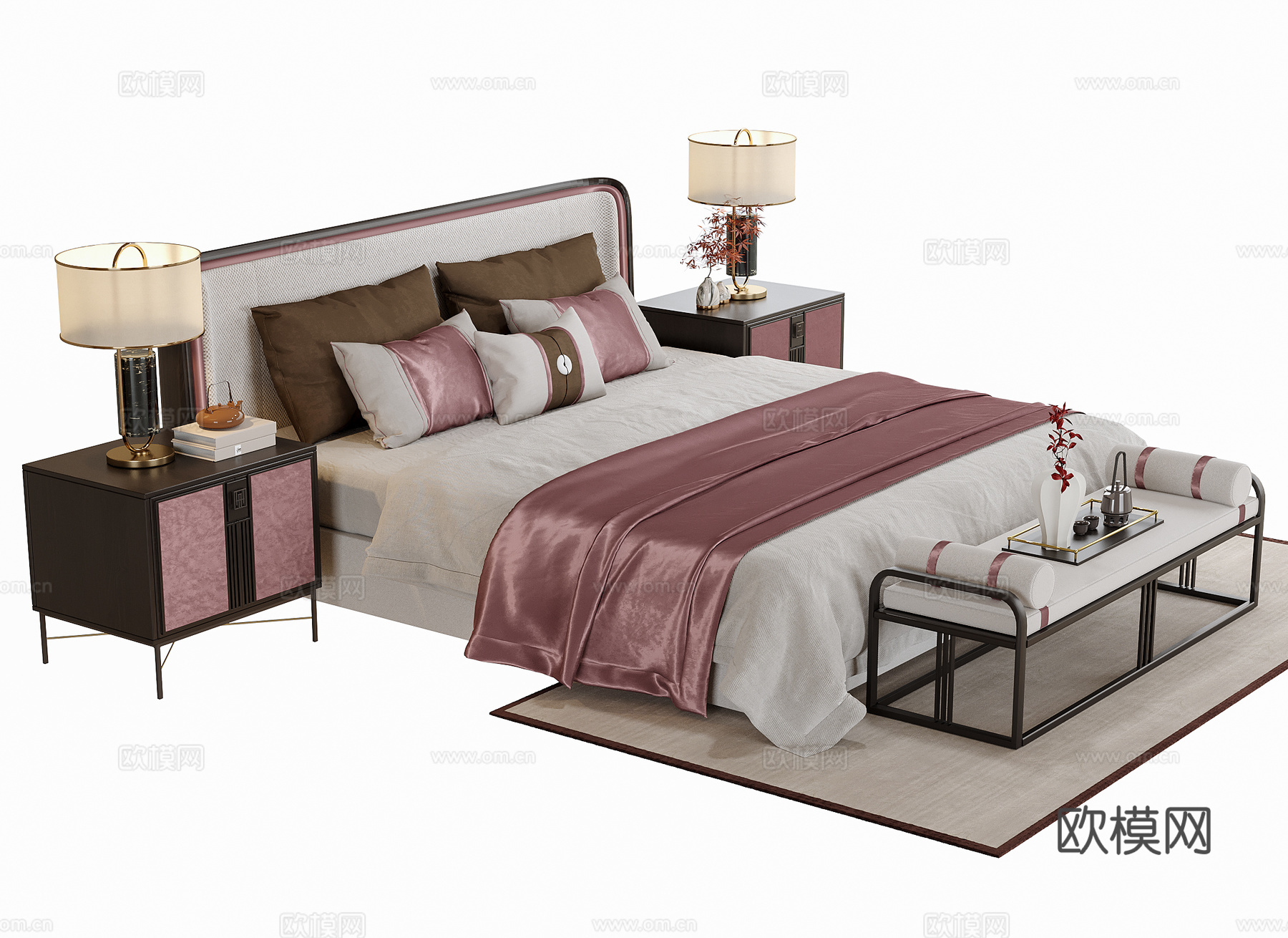 新中式双人床 床尾凳su模型