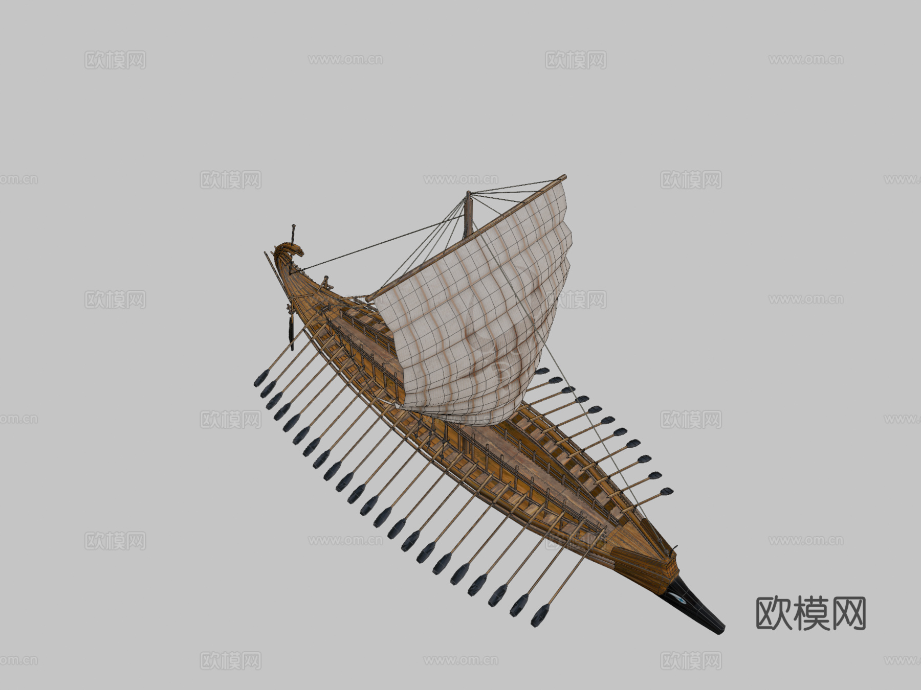 古希腊桨帆船-五十桨船3d模型下载（渲染图2）