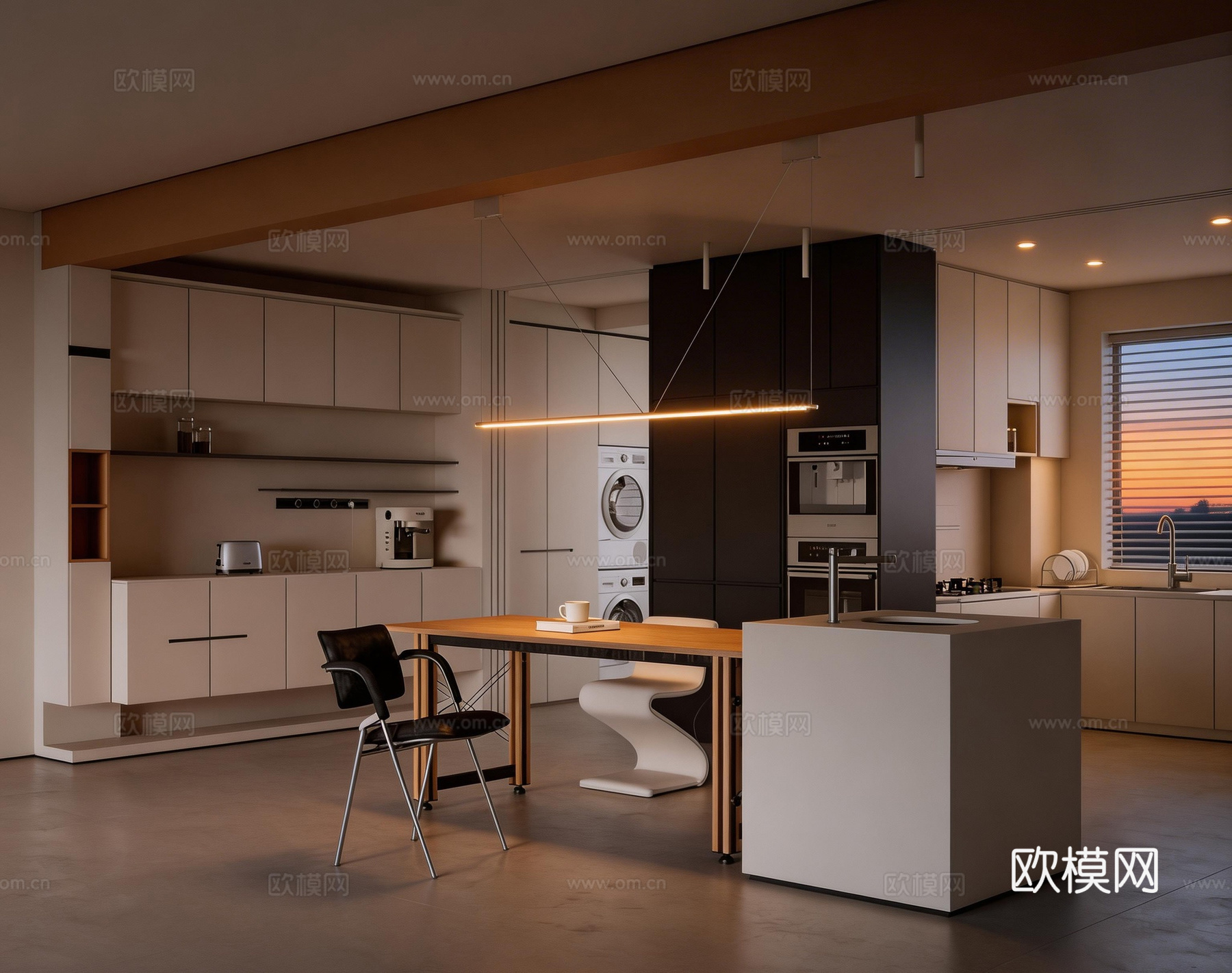 餐厅 吧台 餐桌 厨柜su模型