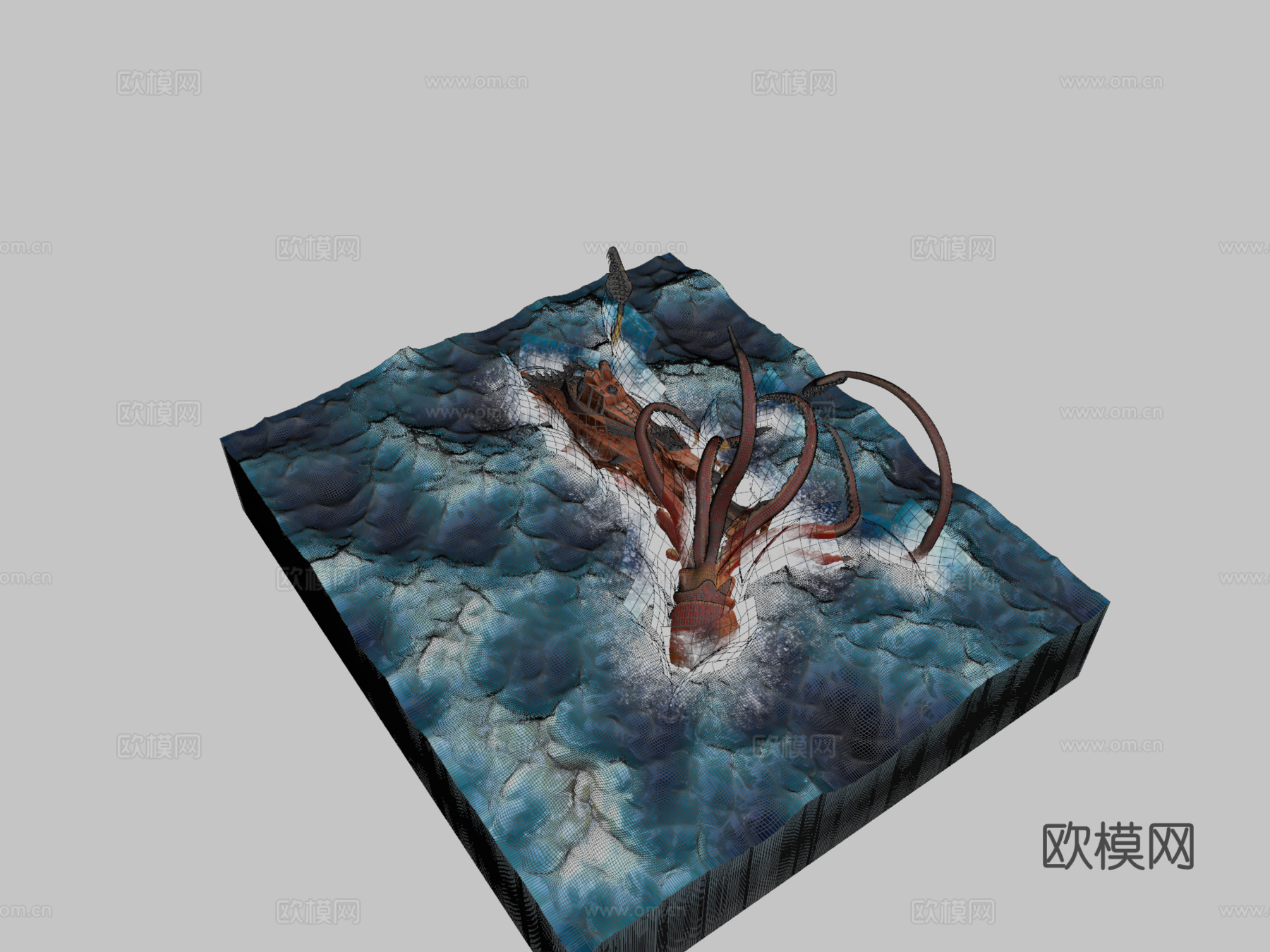 巨型乌贼对战鹦鹉螺号3d模型下载（渲染图2）