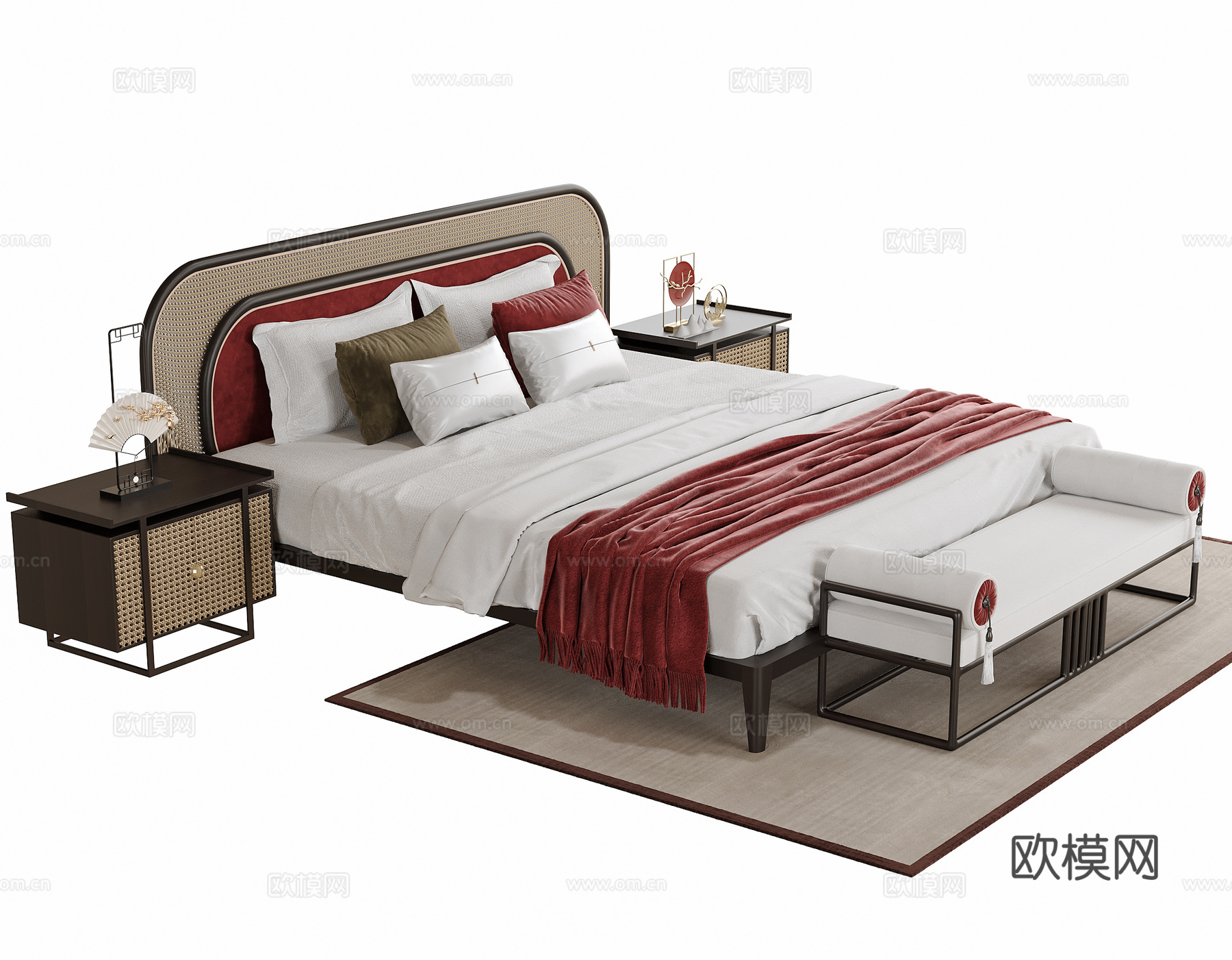 新中式双人床 床尾凳su模型