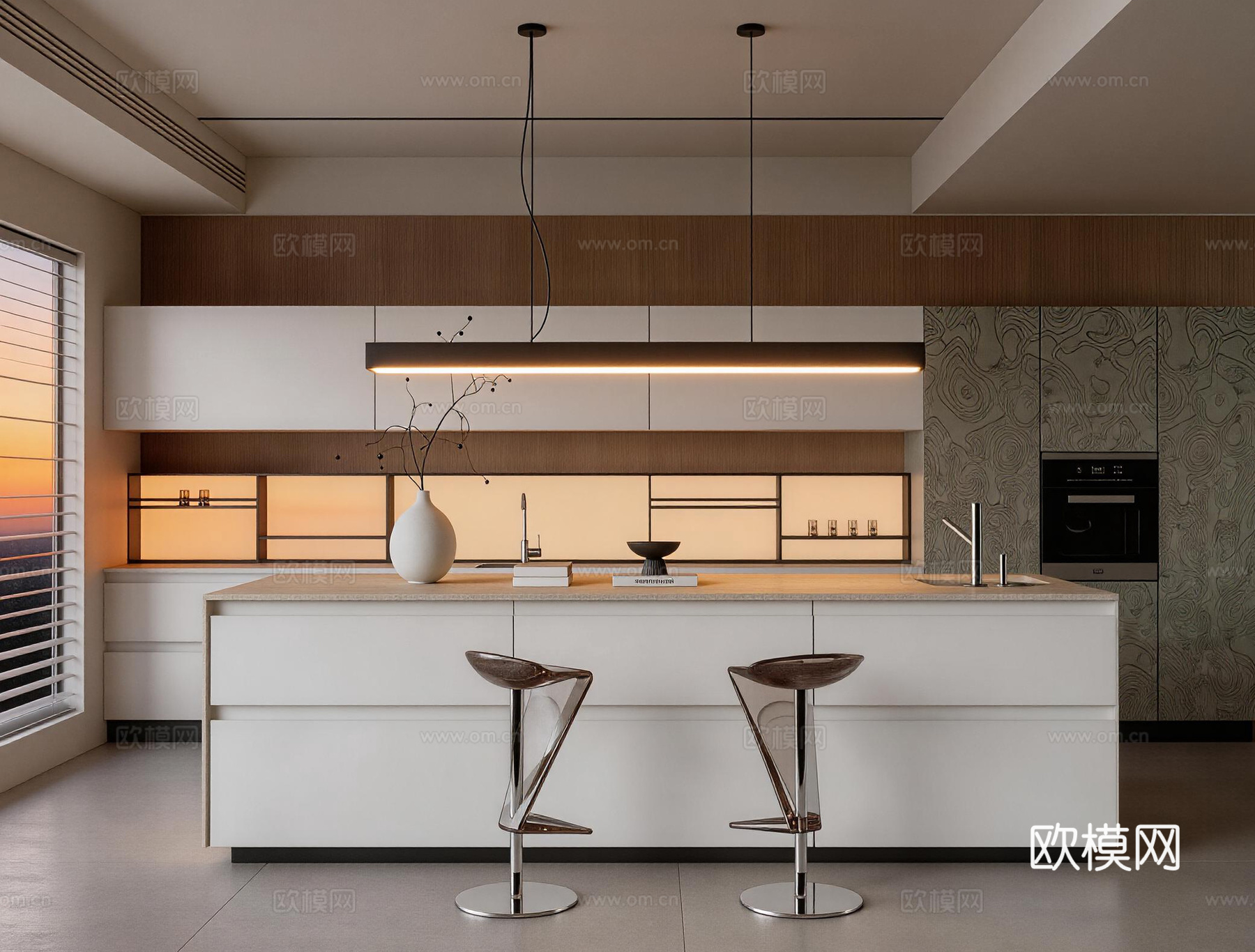 开放式餐厅 餐桌 厨房 餐边柜su模型