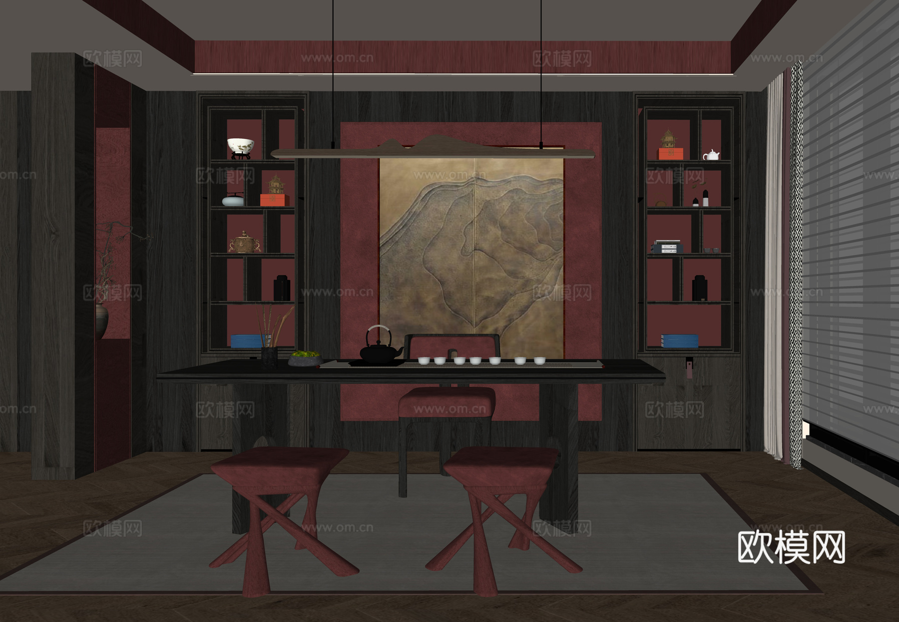 现代茶室 茶桌椅 茶柜su模型