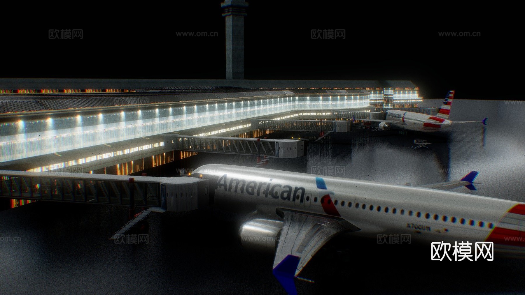 低多边形机场与飞机、地面车辆3d模型下载（渲染图1）