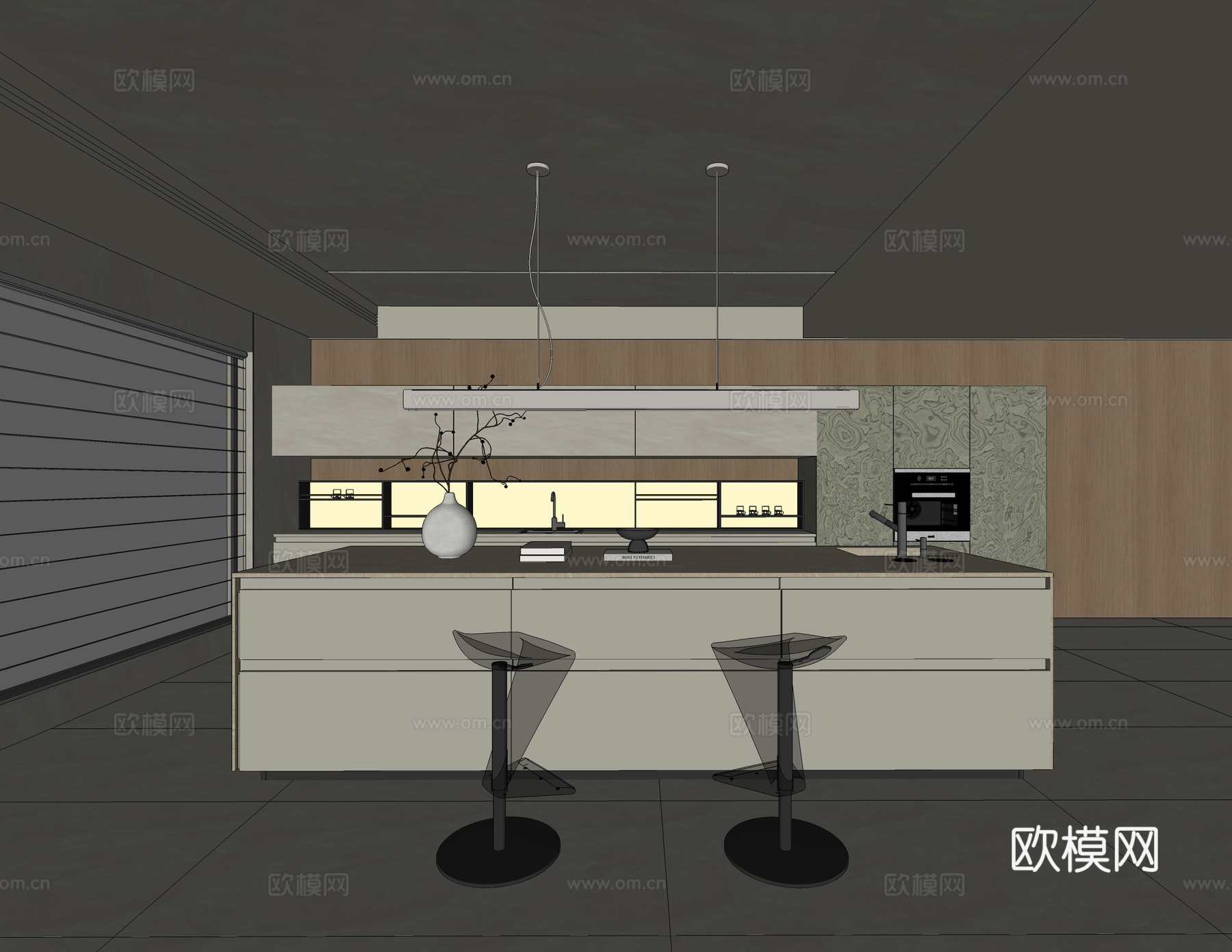 开放式餐厅 餐桌 厨房 餐边柜su模型