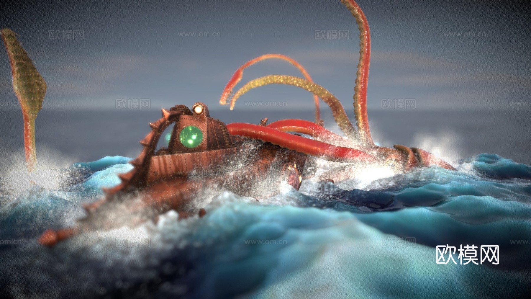 巨型乌贼对战鹦鹉螺号3d模型下载（渲染图1）