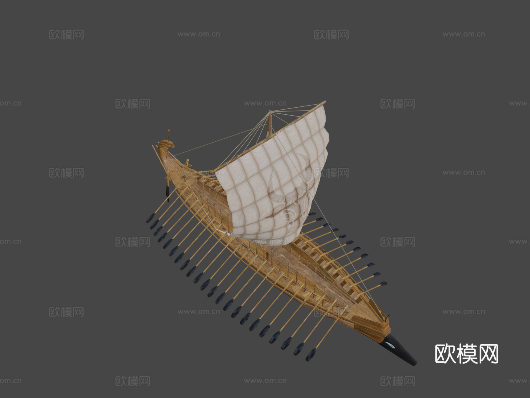 古希腊桨帆船-五十桨船3d模型下载（渲染图7）