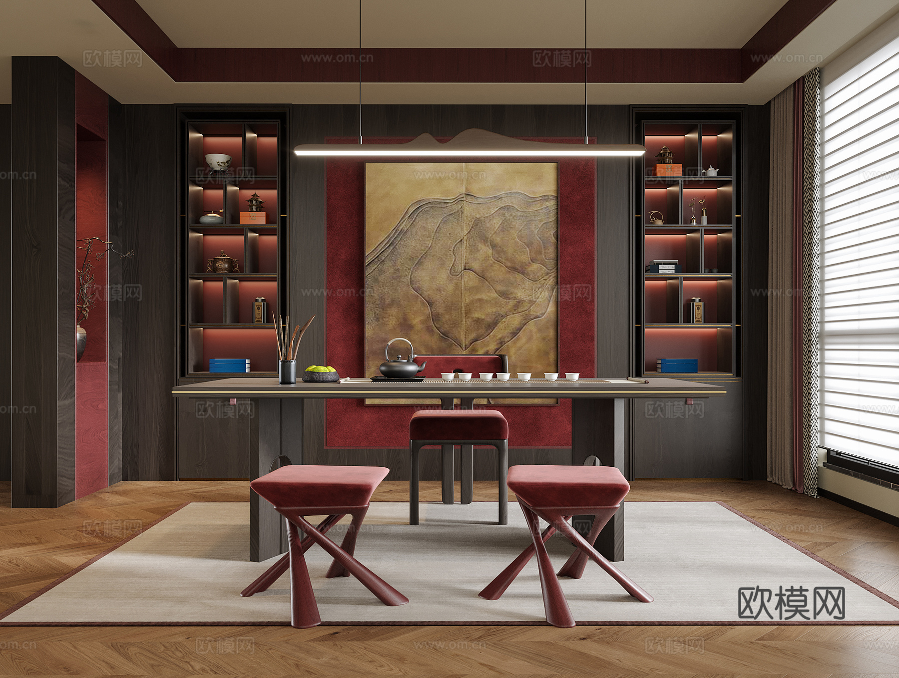 现代茶室 茶桌椅 茶柜su模型