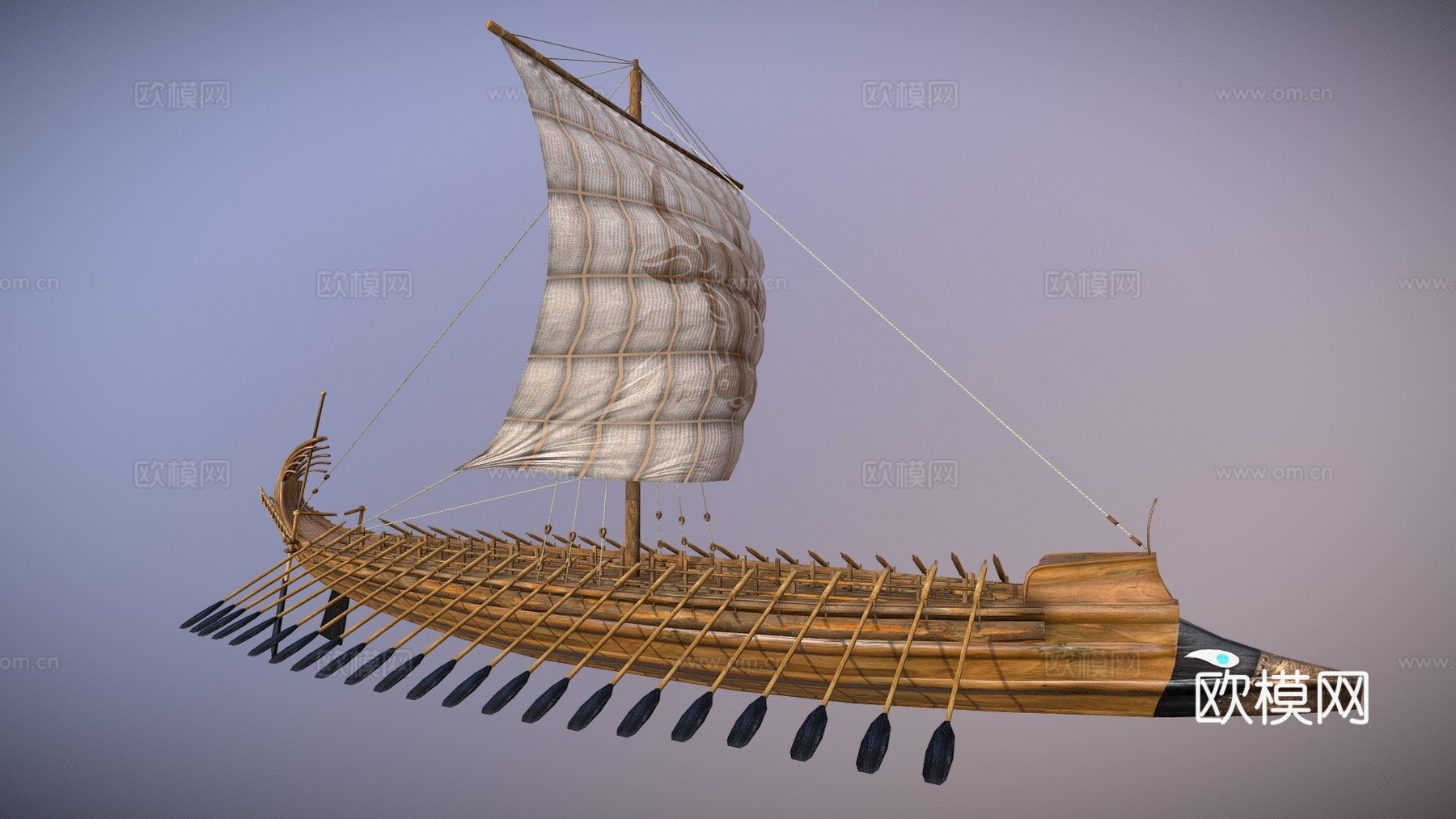 古希腊桨帆船-五十桨船3d模型下载（渲染图1）