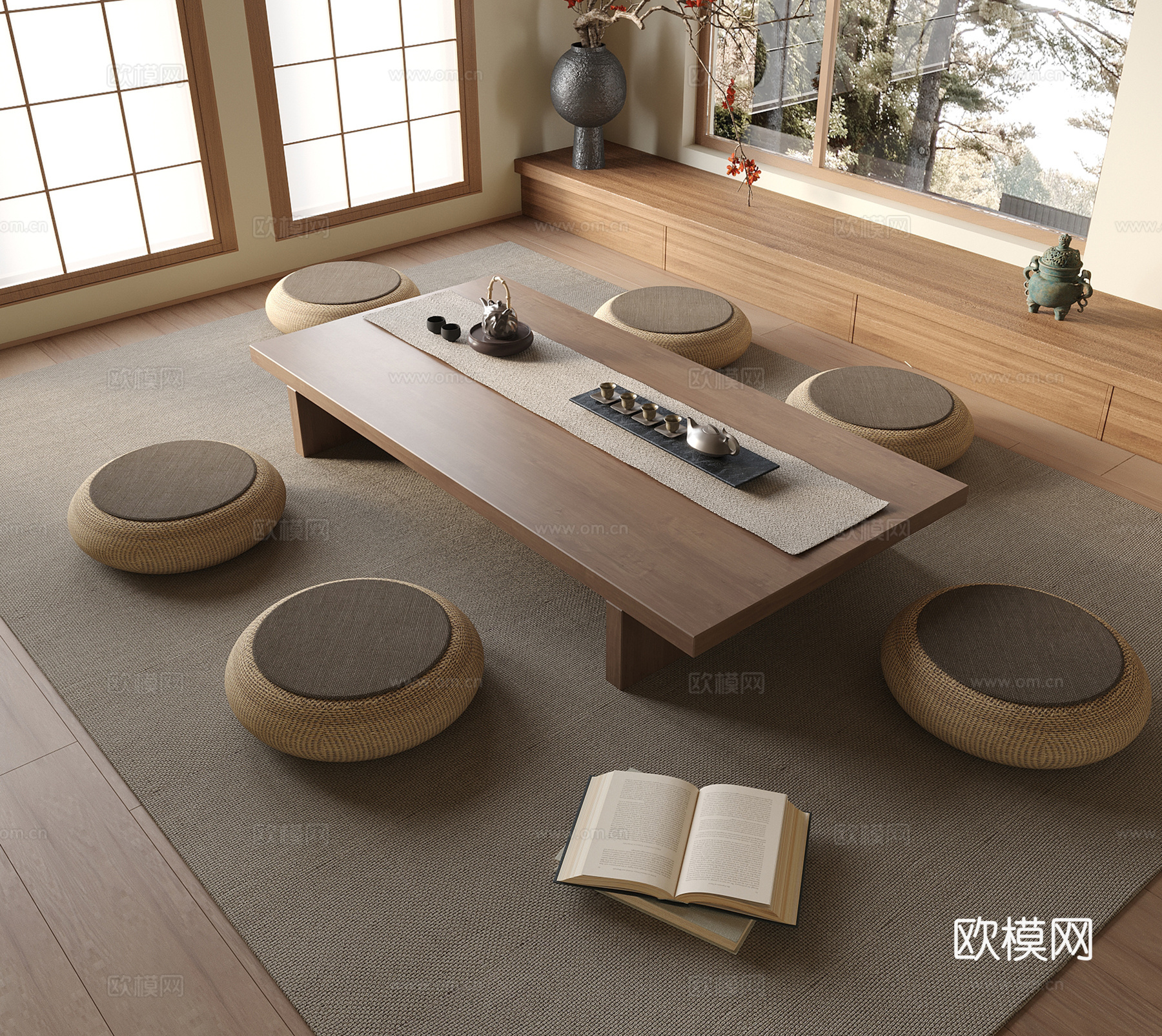 现代榻榻米茶桌椅su模型