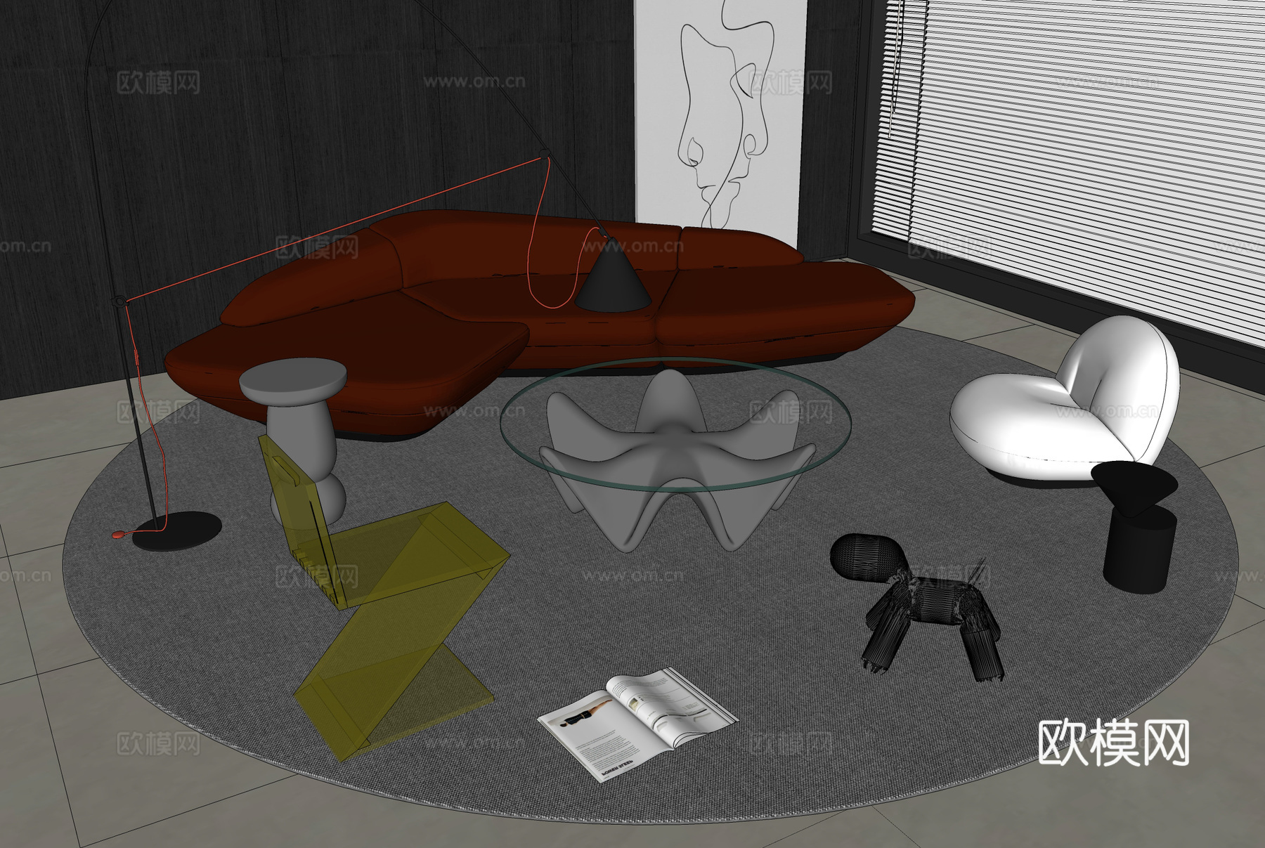 组合沙发 茶几 布艺沙发 亚克力椅su模型