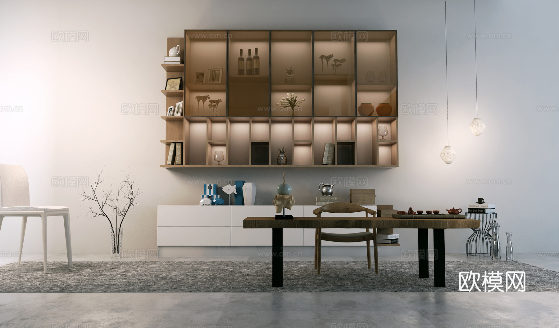 禅意中式茶桌 中式博古架3d模型下载（渲染图2）